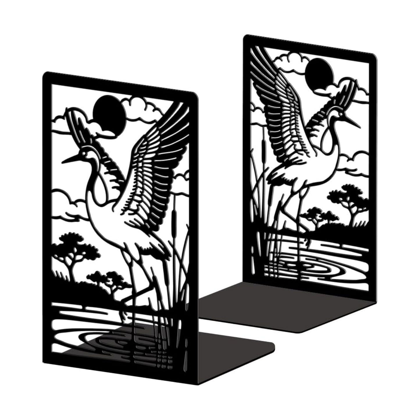 Metal Bookends / Modern Decorative Heavy Duty Study Book Ends Stoppers / Cranes By Pond with Reeds