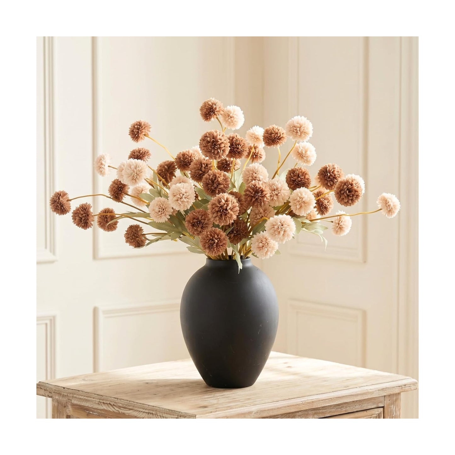 RyddeligHome 12 Stems Fake Mum Flowers with Black Vase for Home Decor