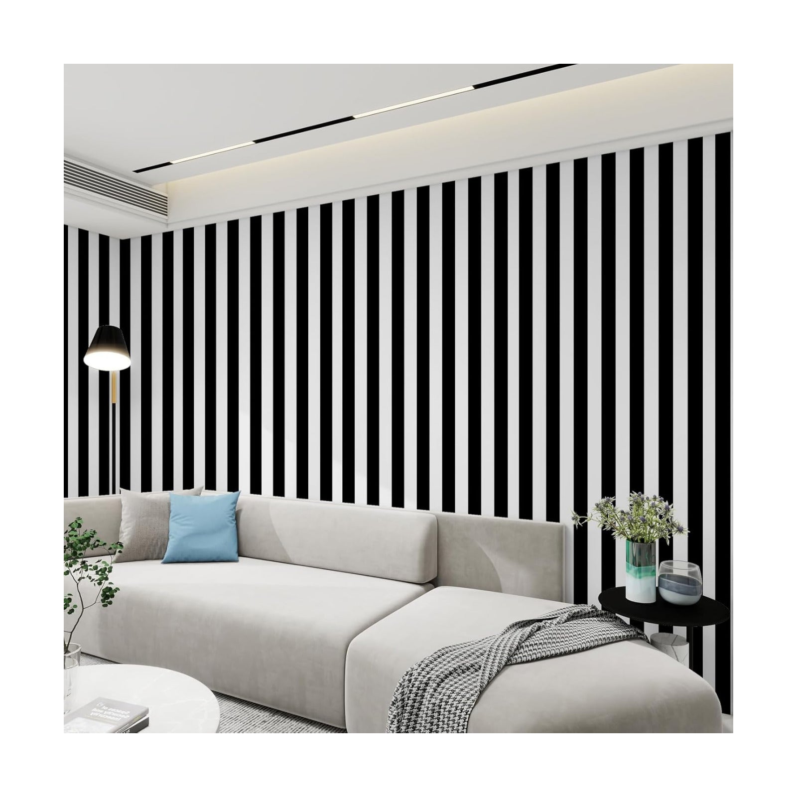 White Striped Wallpaper " Removable Striped Peel and Stick Wallpaper Waterproof / Black / 17.3 x 120