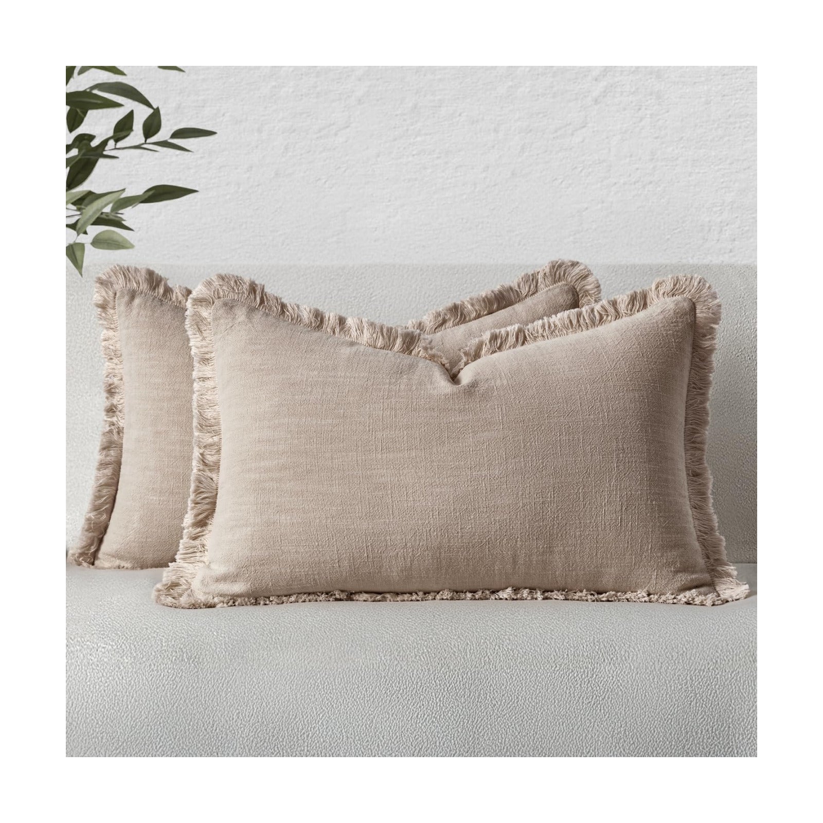 MIULEE Natural Linen Fringe Decorative Lumbar Throw Pillow Covers 12x20
