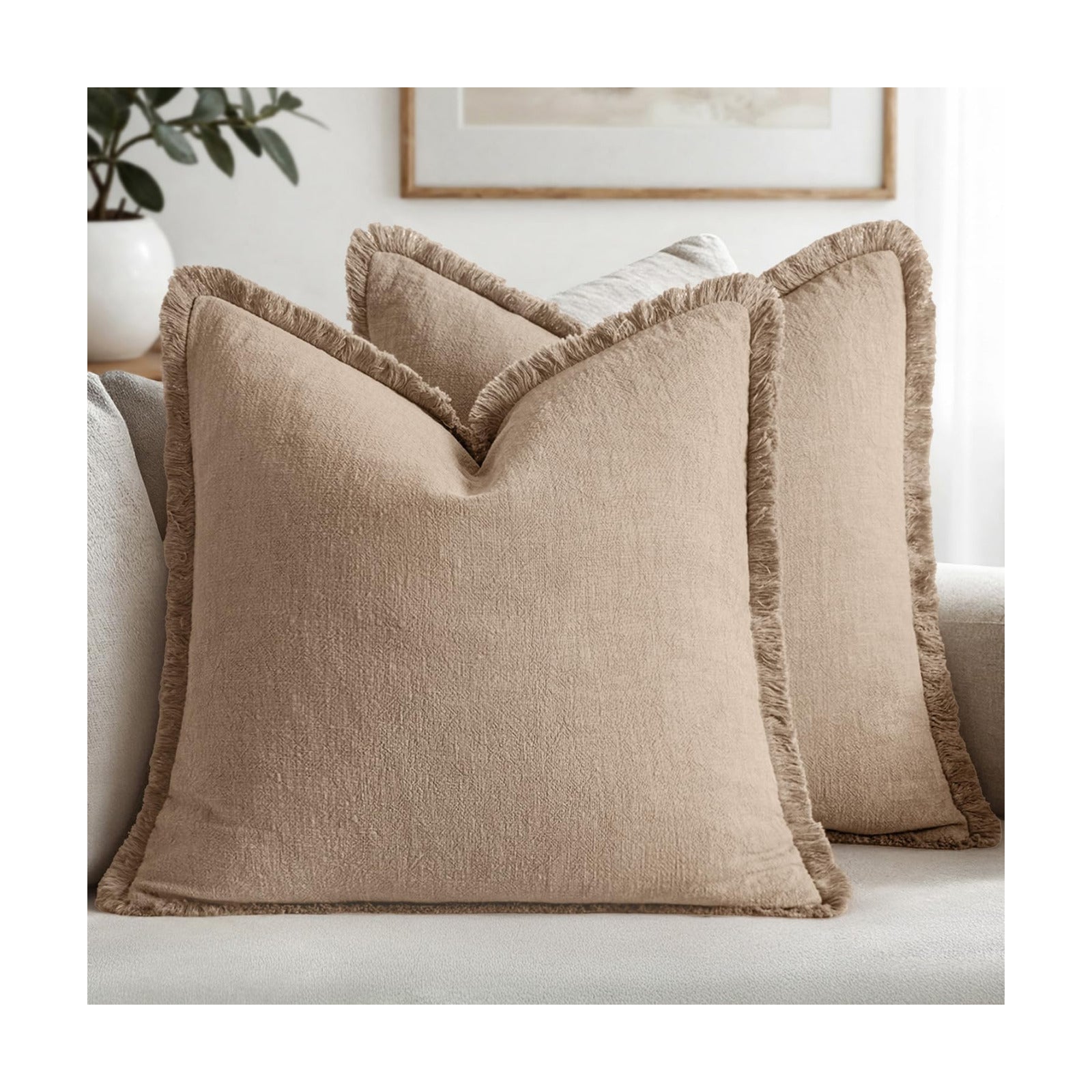 MIULEE Boho Linen Fringe Decorative Euro Throw Pillow Covers Camel 24x24