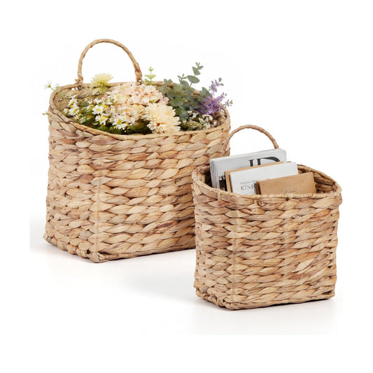 Wicker Hanging Wall Basket Woven Hanging Baskets Water Hyacinth Wall Mounted / Natural / Set of 2