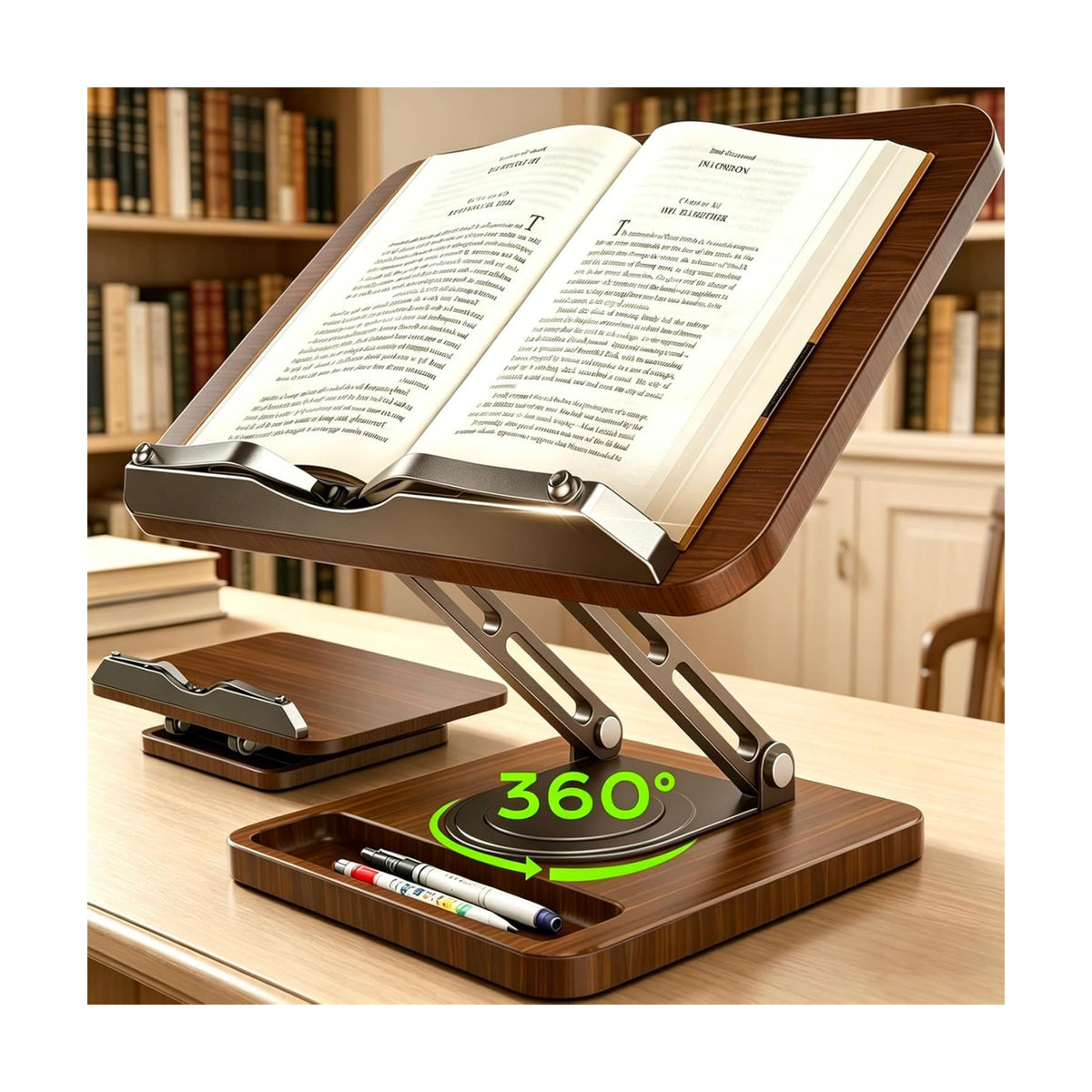 LOXP Book Stand with Storage, 360° Rotating Cookbook Stand, Ergonomic | Adjustable height angle,Hands-free, anti-slip