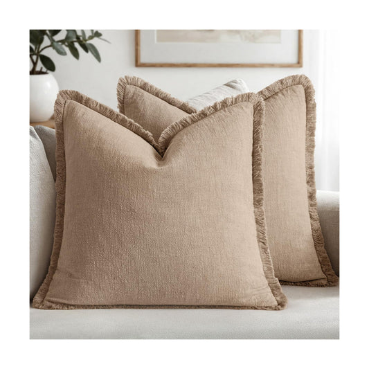 Decorative Throw Pillow Covers Neutral Linen Fringe Throw Pillows Boho / 20 x 20 / Camel / Set of 2