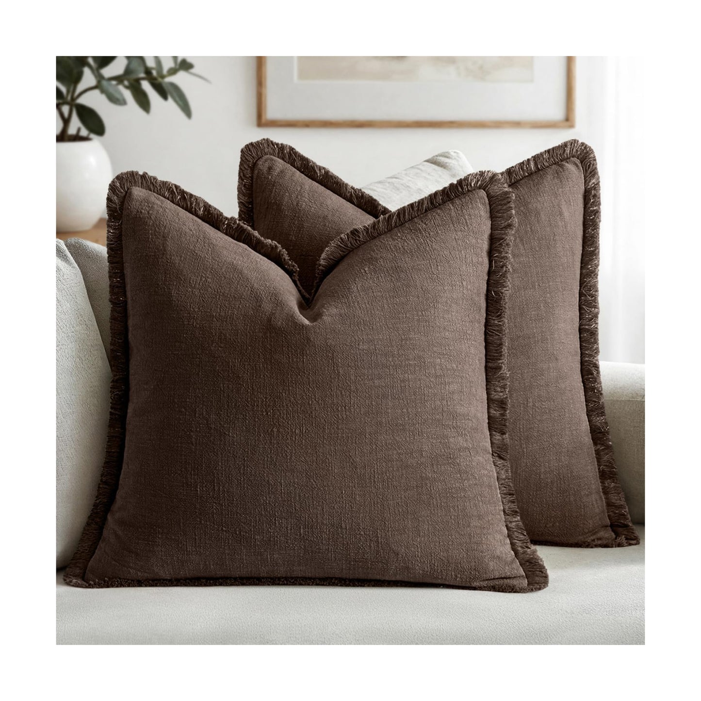 MIULEE Linen Fringe Decorative Fall Euro Pillow Covers Reddish Brown 24x24