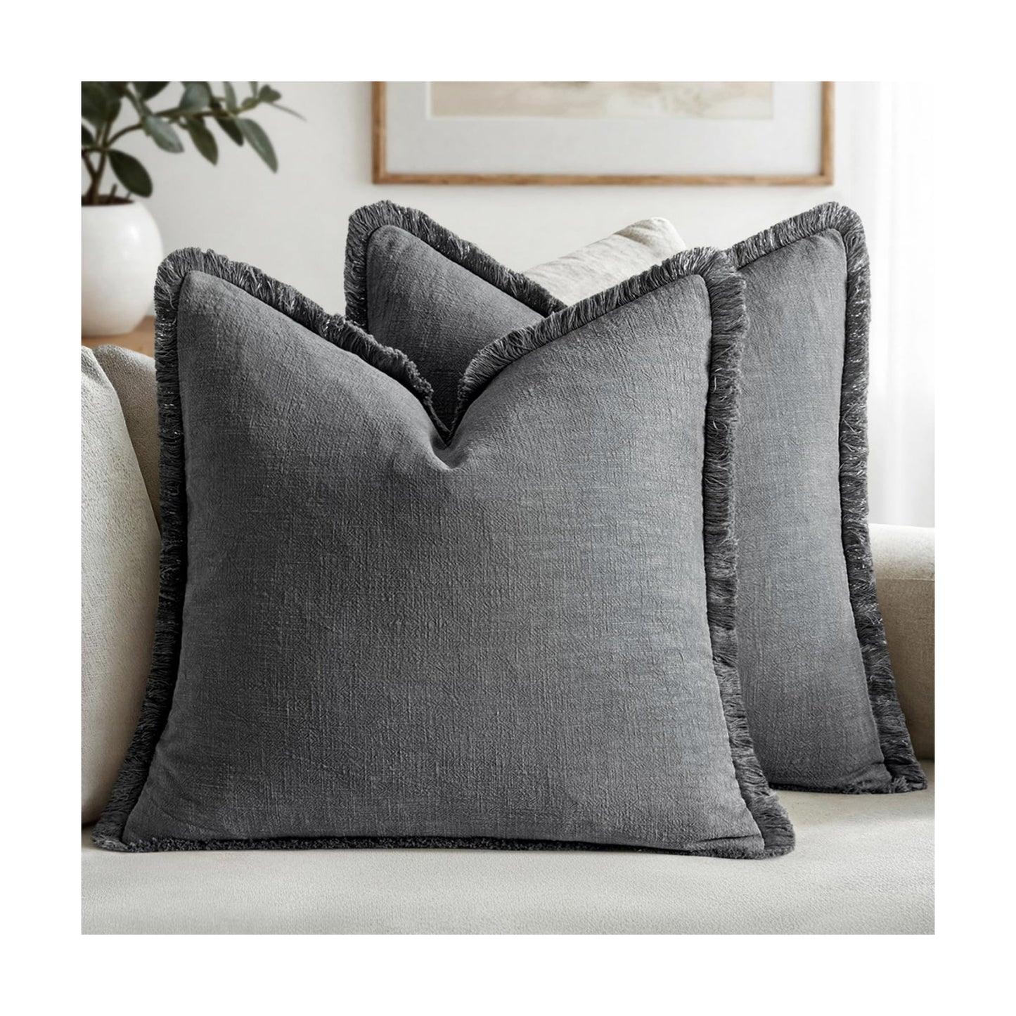 MIULEE Boho Linen Fringe Decorative Throw Pillow Covers Grey 18x18