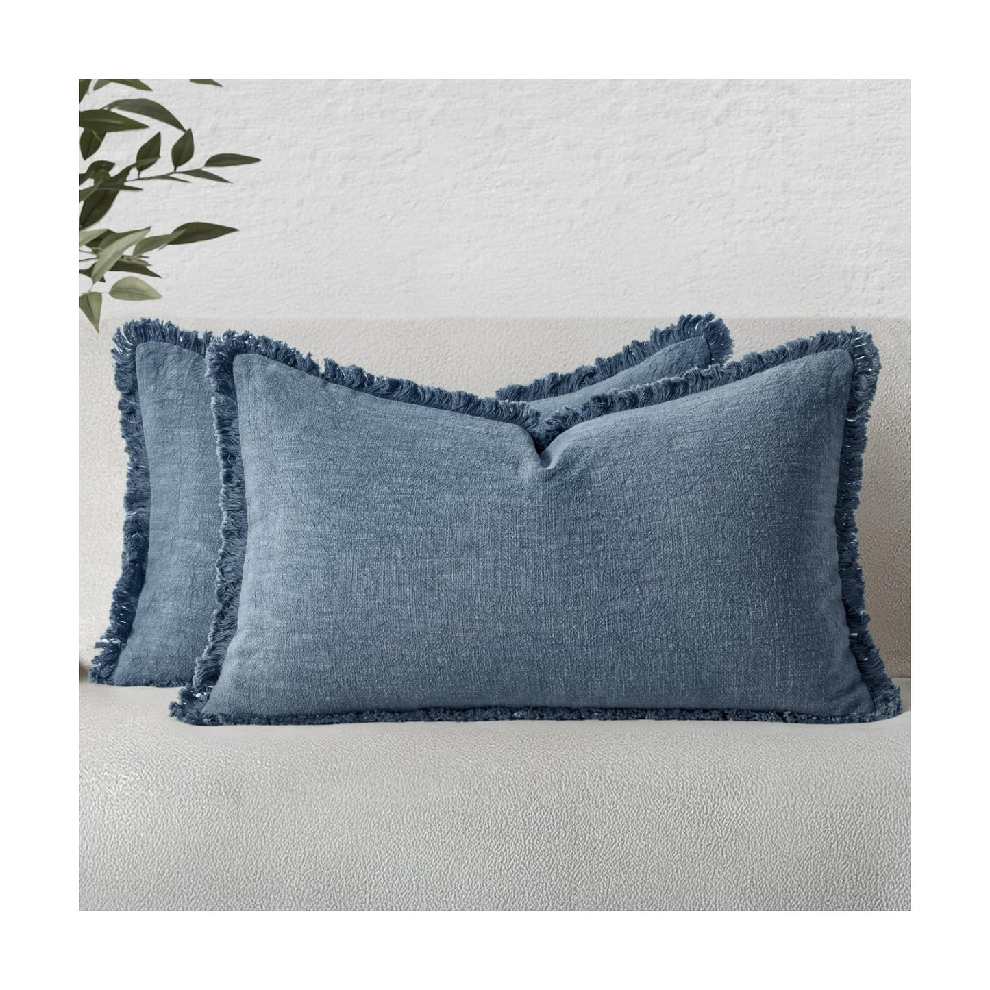 MIULEE Linen Fringe Decorative Lumbar Throw Pillow Covers Blue Ashes 12x20