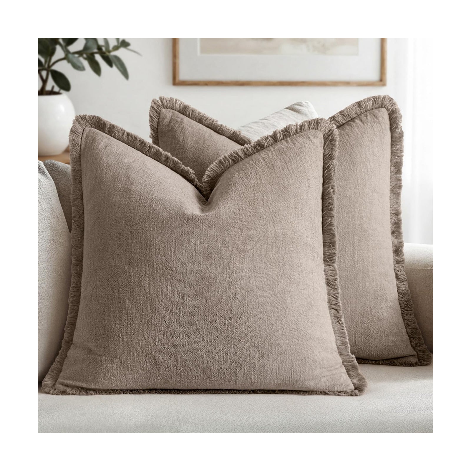 MIULEE Boho Linen Fringe Decorative Fall Throw Pillow Covers Dune 18x18