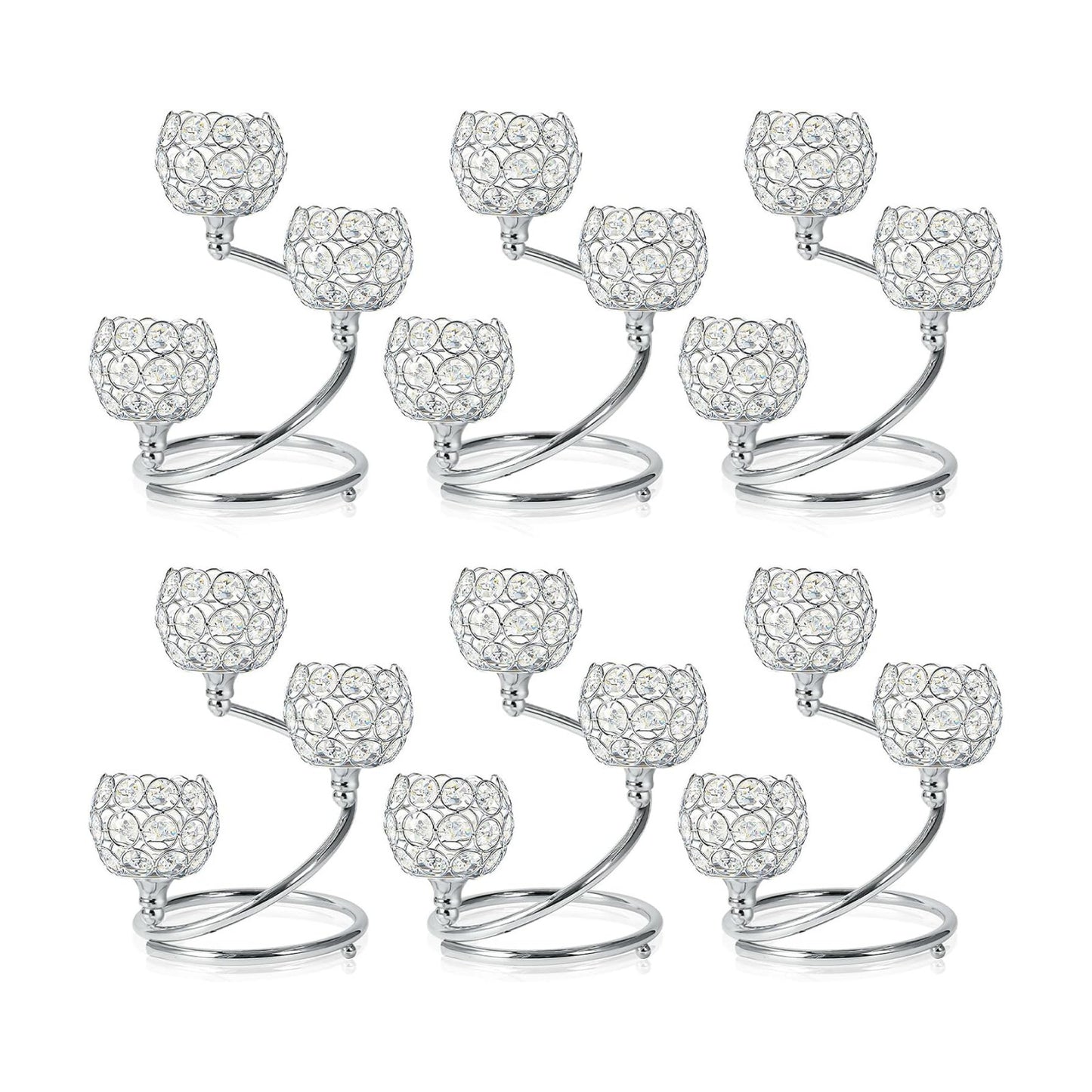 Metal Crystal Candle Holder Set of 6 - Elegant 3-Arm Tea Light Centerpiece with Shining Crystal Bowl, Wedding