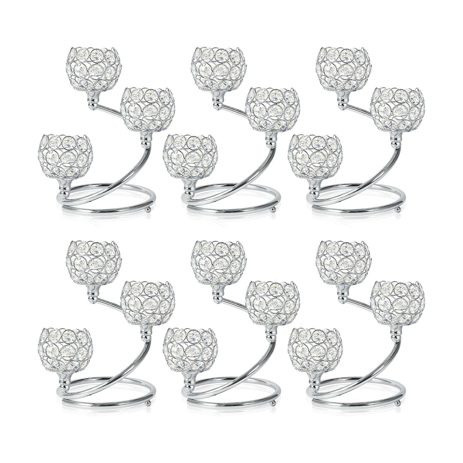 Metal Crystal Candle Holder Set of 6 - Elegant 3-Arm Tea Light Centerpiece with Shining Crystal Bowl, Wedding
