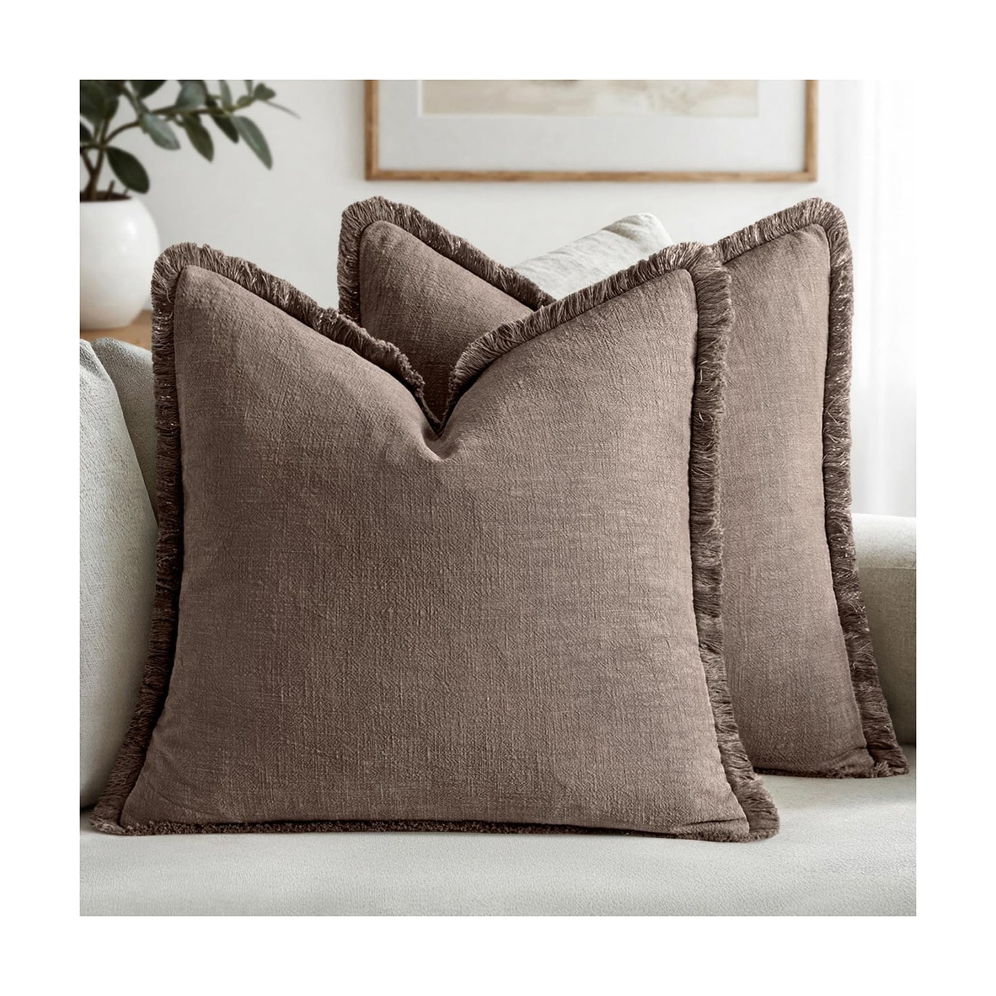MIULEE Linen Fringe Decorative Fall Euro Pillow Covers Malt Ball 22x22