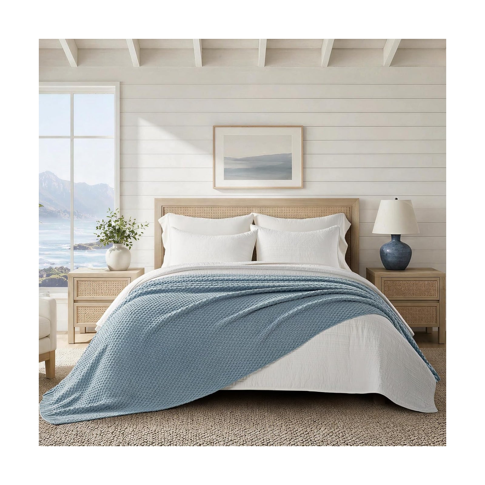 EVERGRACEHOME Chunky Chenille Knit Throw Blanket, 90 x 90, Chambray Blue