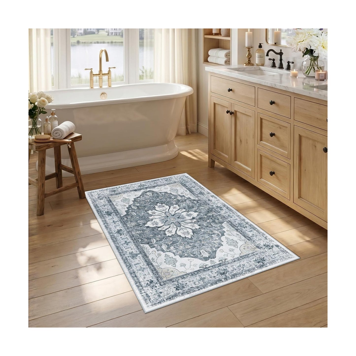 RELEANY Washable Area Rug, Small 2'6"x4', Grey/White/Beige
