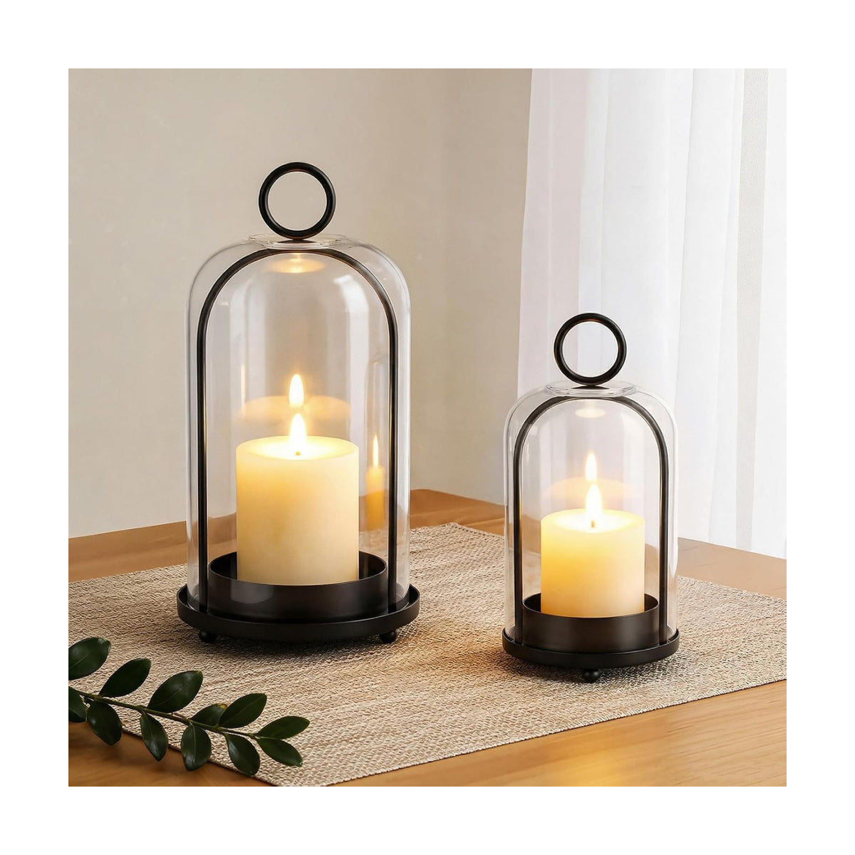 Metal Candle Holder, 5"&4" Wide Hurricane Glass Candle Holders with Handmade Glass Dome, Hanging Candle Lantern for