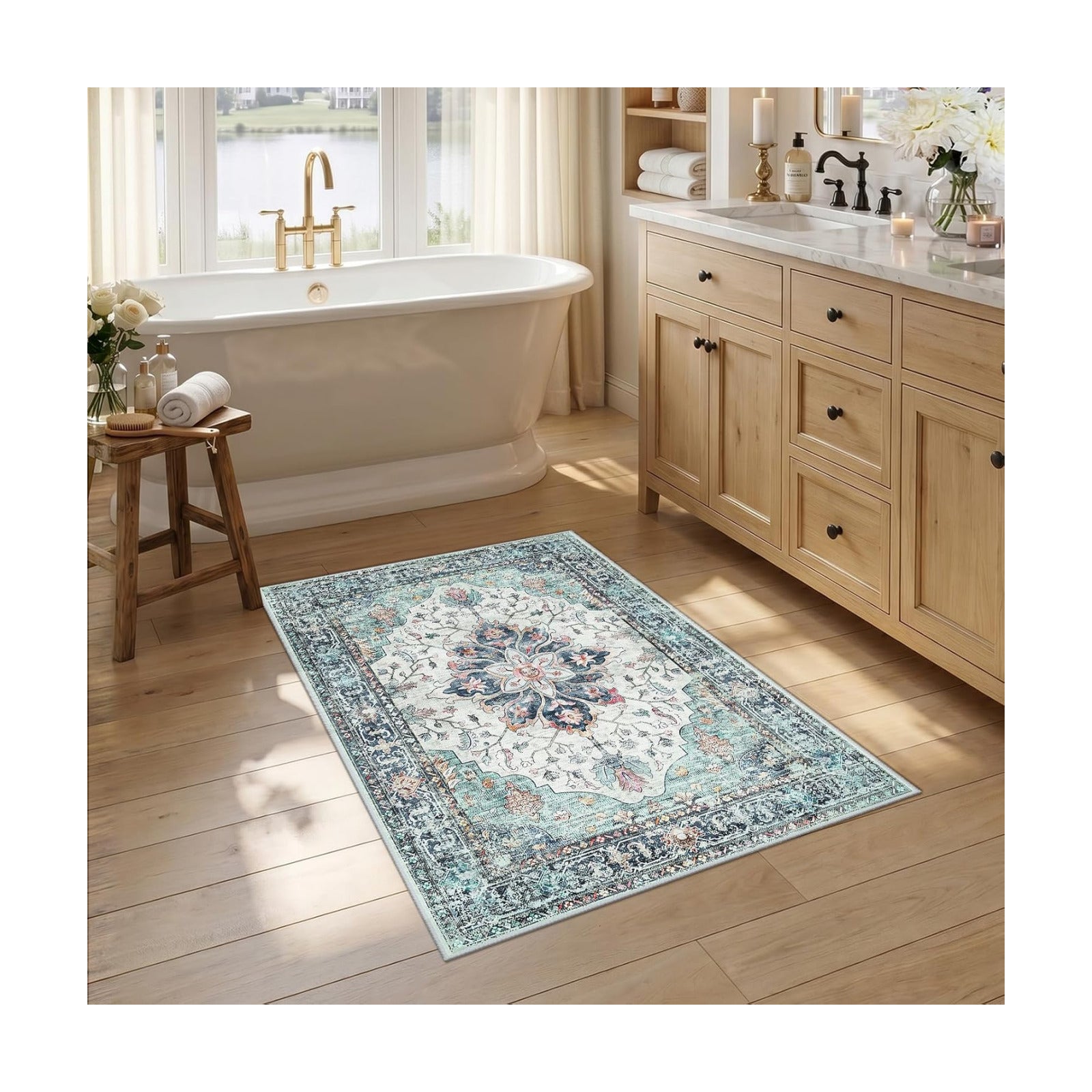 RELEANY Washable Area Rug, Small 2'6"x4', Teal Green/White/Navy