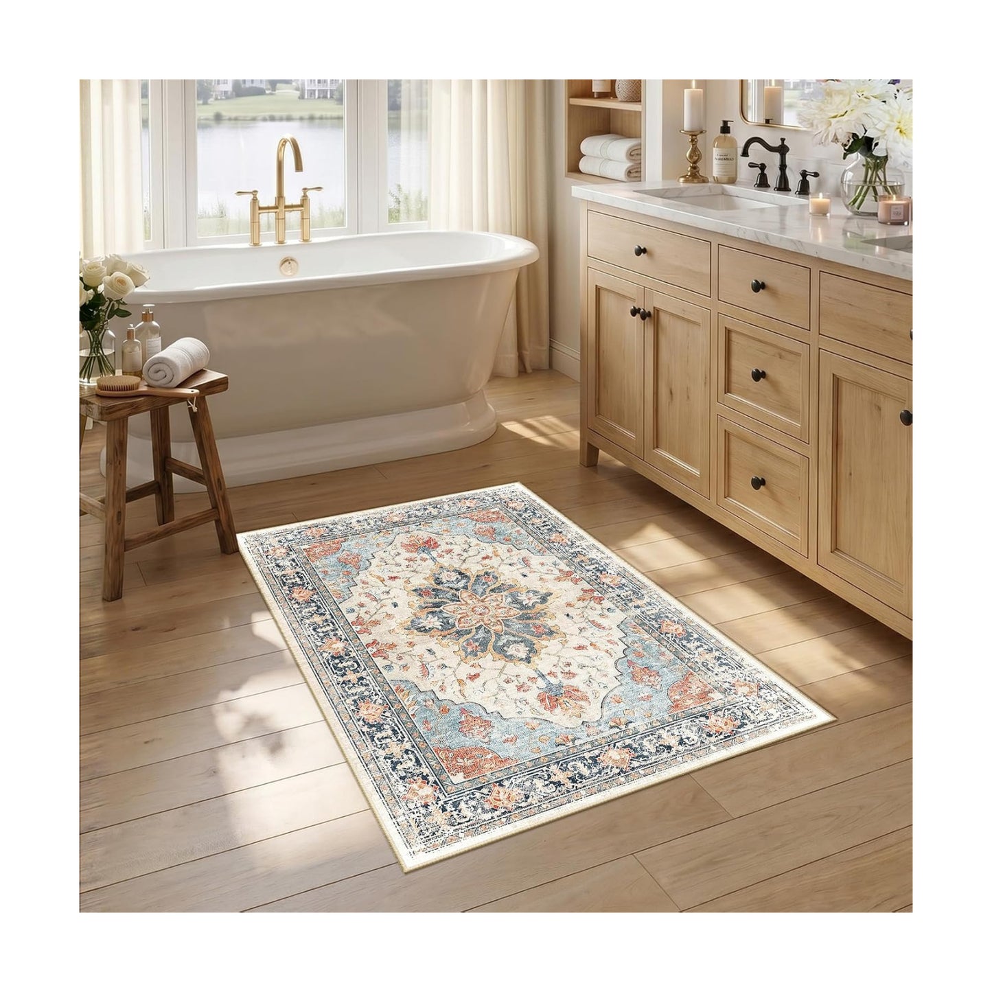 RELEANY Washable Area Rug, Small 2'6"x4', Beige/Blue/Orange