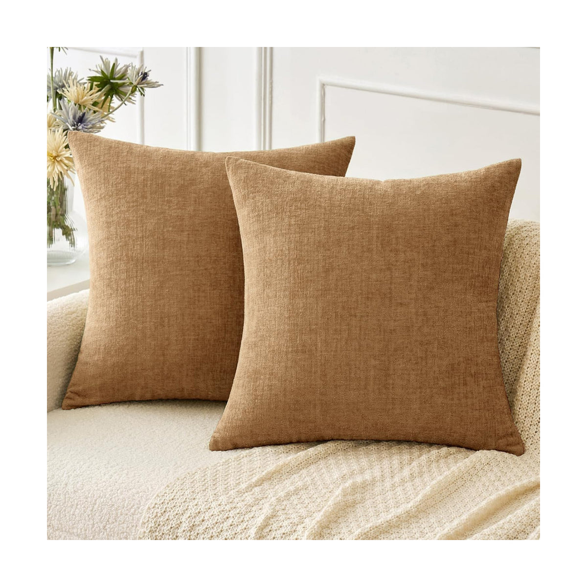 MIULEE Chenille Fall Throw Pillow Covers Apricot Brown 18x18 Pack of 2