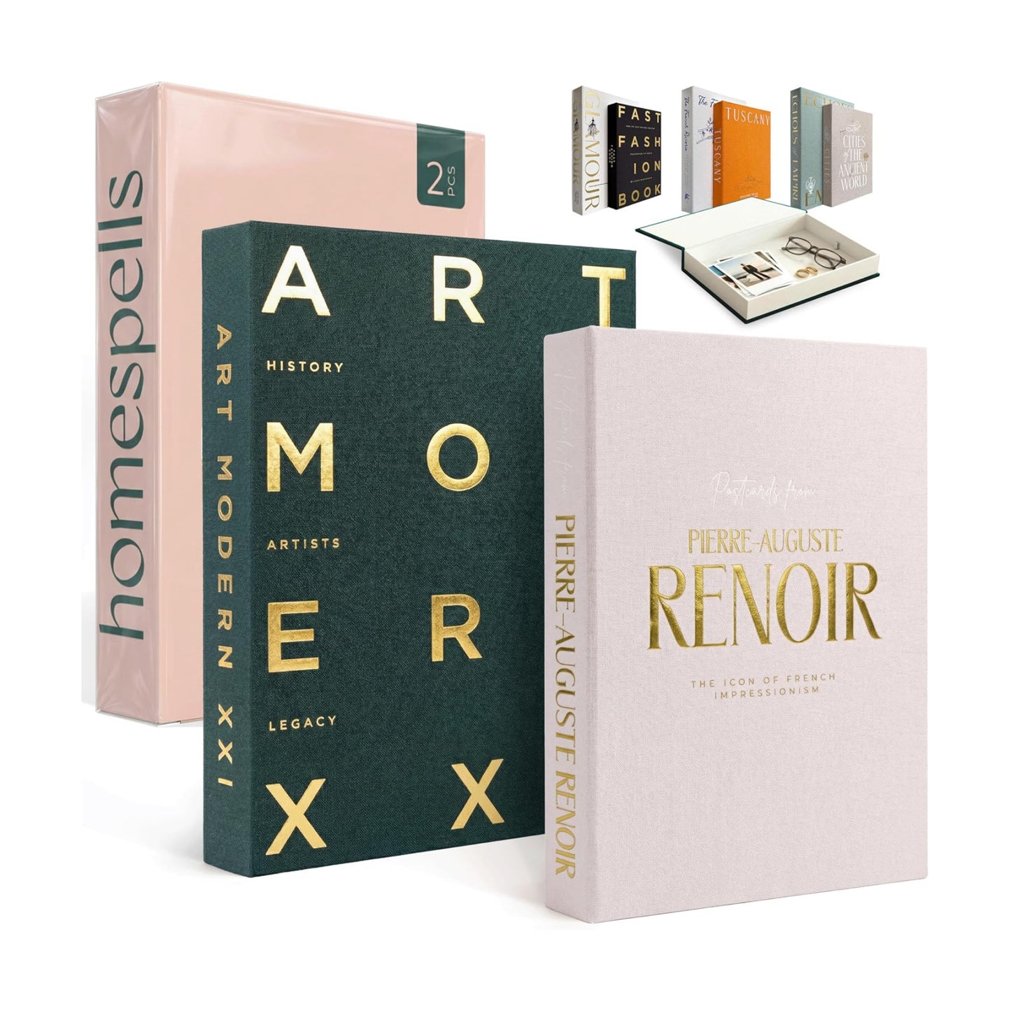 & Pink Linen Faux Books for Decoration / Art Modern XXI + Renoir / Green