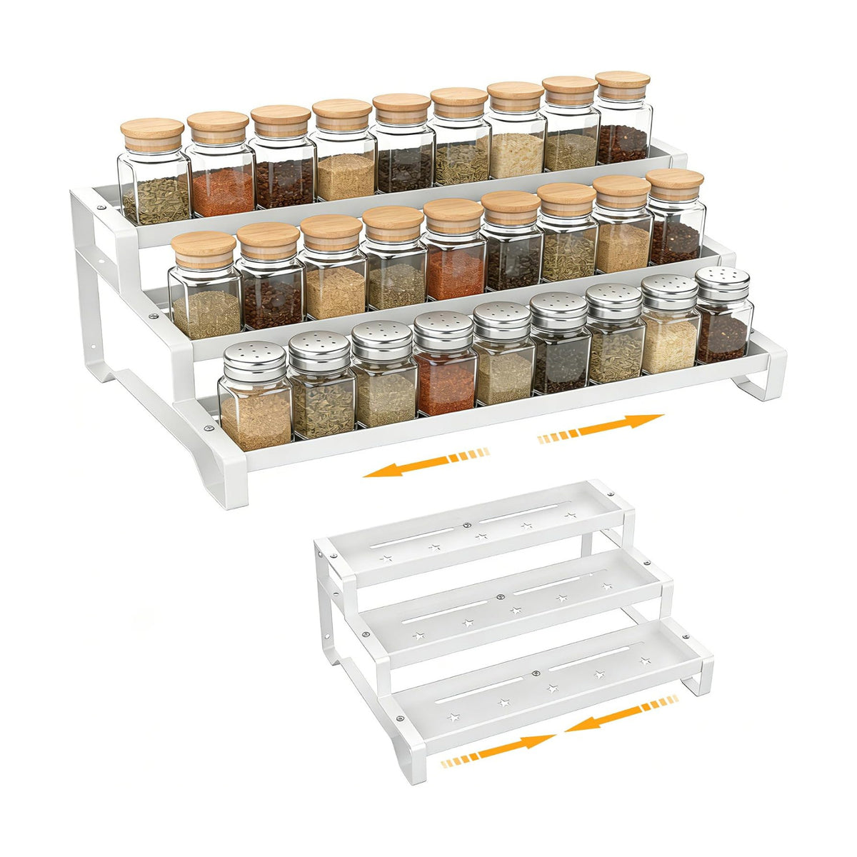 Spice Rack Organizer for Cabinet, 13-21.5" Expandable Spicy Shelf | 9.45" Depth 3-Tier White Metal Seasoning Organizer