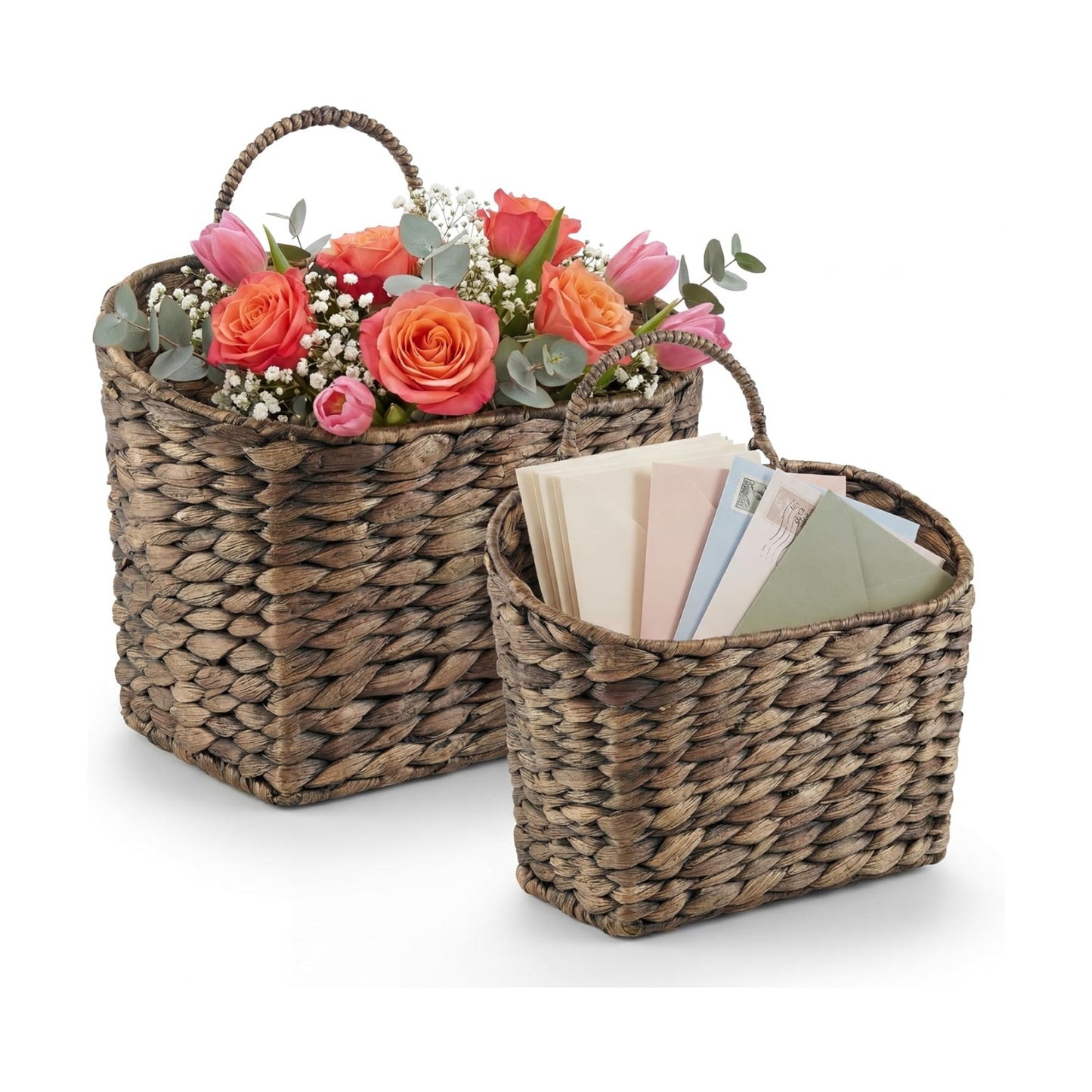Black Wicker Hanging Baskets for Front Door / Black Water Hyacinth / Set of 2