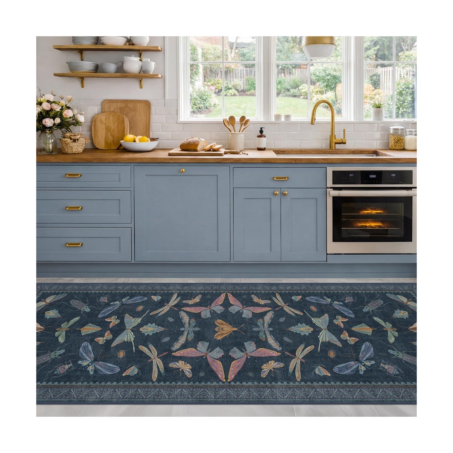 2'6"x10' Dark Blue Kitchen Runner Rug, Washable Non Slip Hallway Rug for Entryway, Vintage Insect Moth Indoor Carpet
