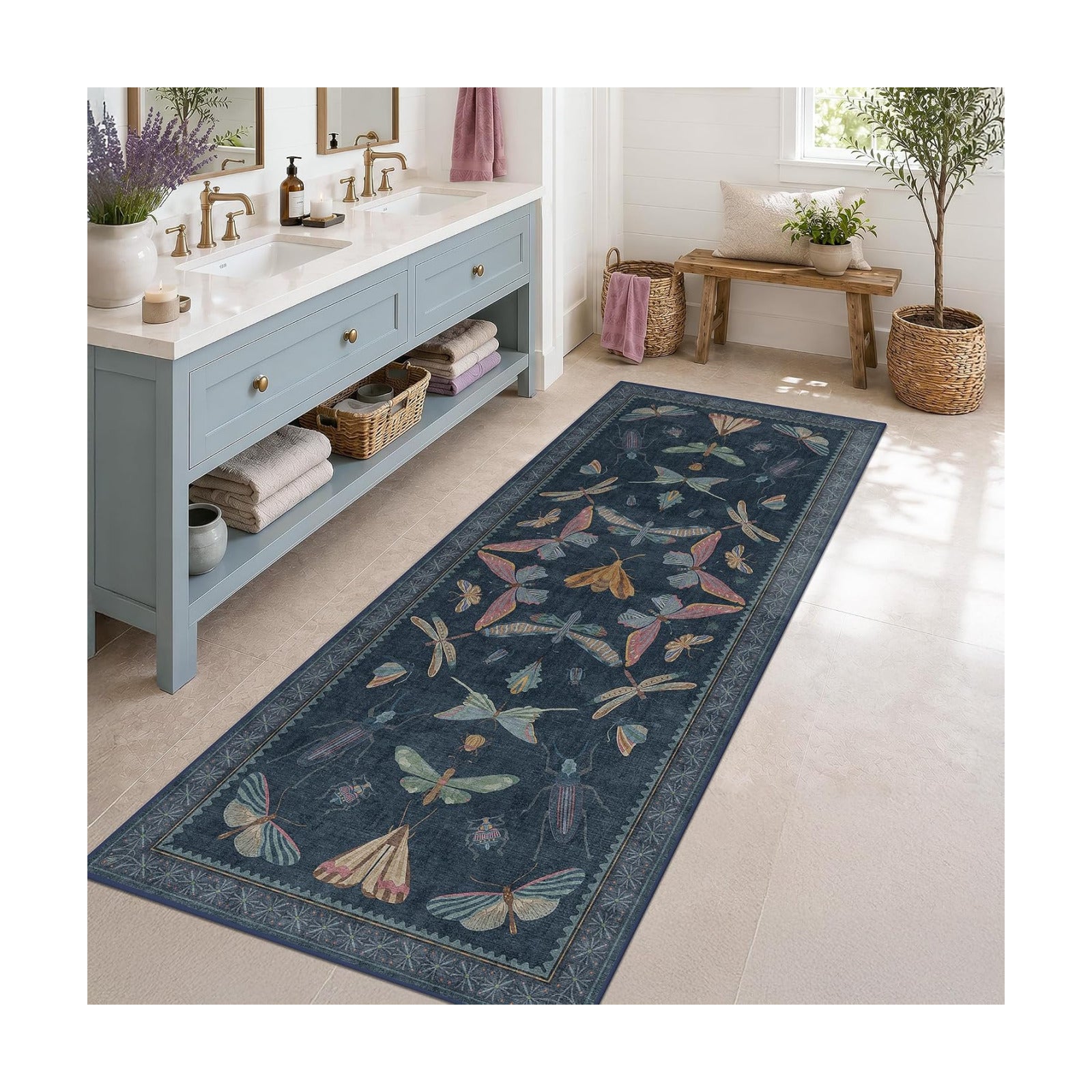 Vintage Navy Blue 2x5 Runner Rug, Washable Insect Carpet for Bathroom, Kitchen Floor & Hallway, Soft Low Pile Non Slip