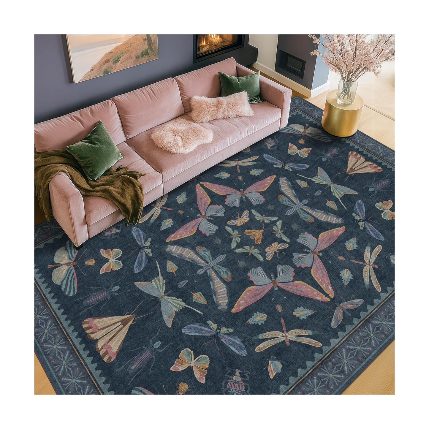 Navy Blue 6x8 Boho Rug for Living Room, Stain Resistant Non Slip Area Rug for Dining Room & Bedroom, Dark Vintage