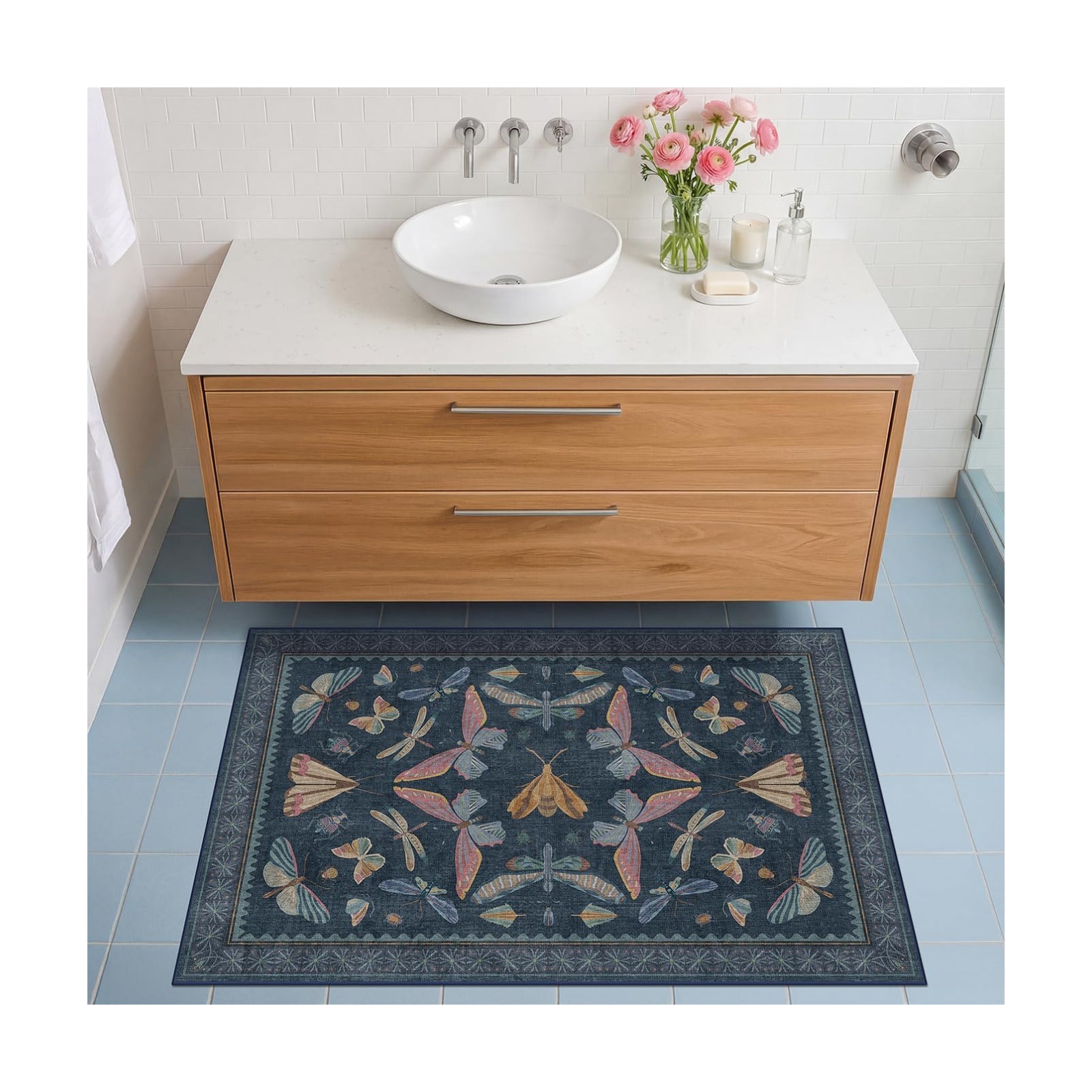 Dark Blue 2x4 Non Slip Bathroom Rug, Washable Vintage Boho Insect Carpet for Kitchen Floor, Entryway & Powder Room, Low