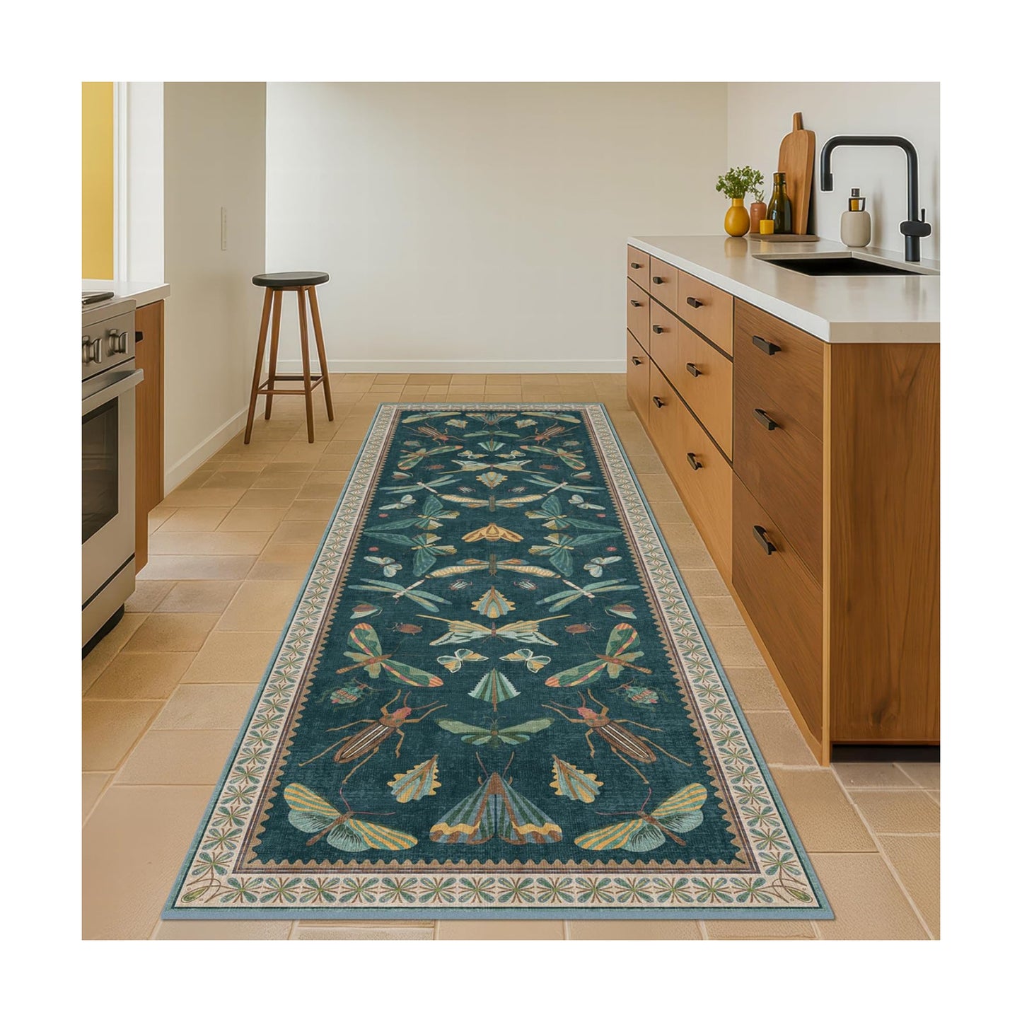 Hazo Haus Teal Boho Runner Rug 2x8, Washable Non Skid Kitchen Sink Carpet for Bathroom & Entrance Indoor, Brown Green