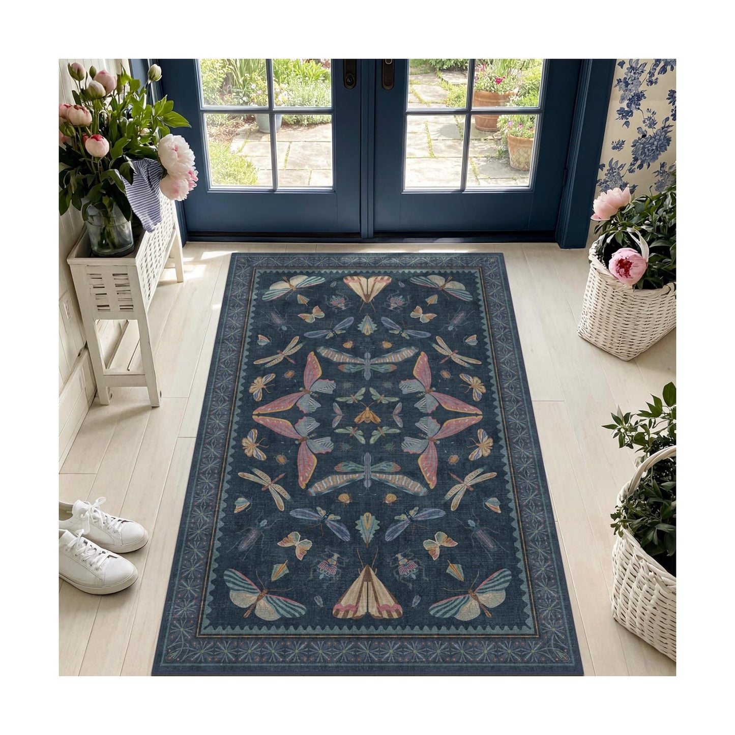 Washable 3x4 Entryway Rug, Non Slip Vintage Area Rug for Kitchen Floor, Laundry Room & Bedroom, Blue Boho Carpet with