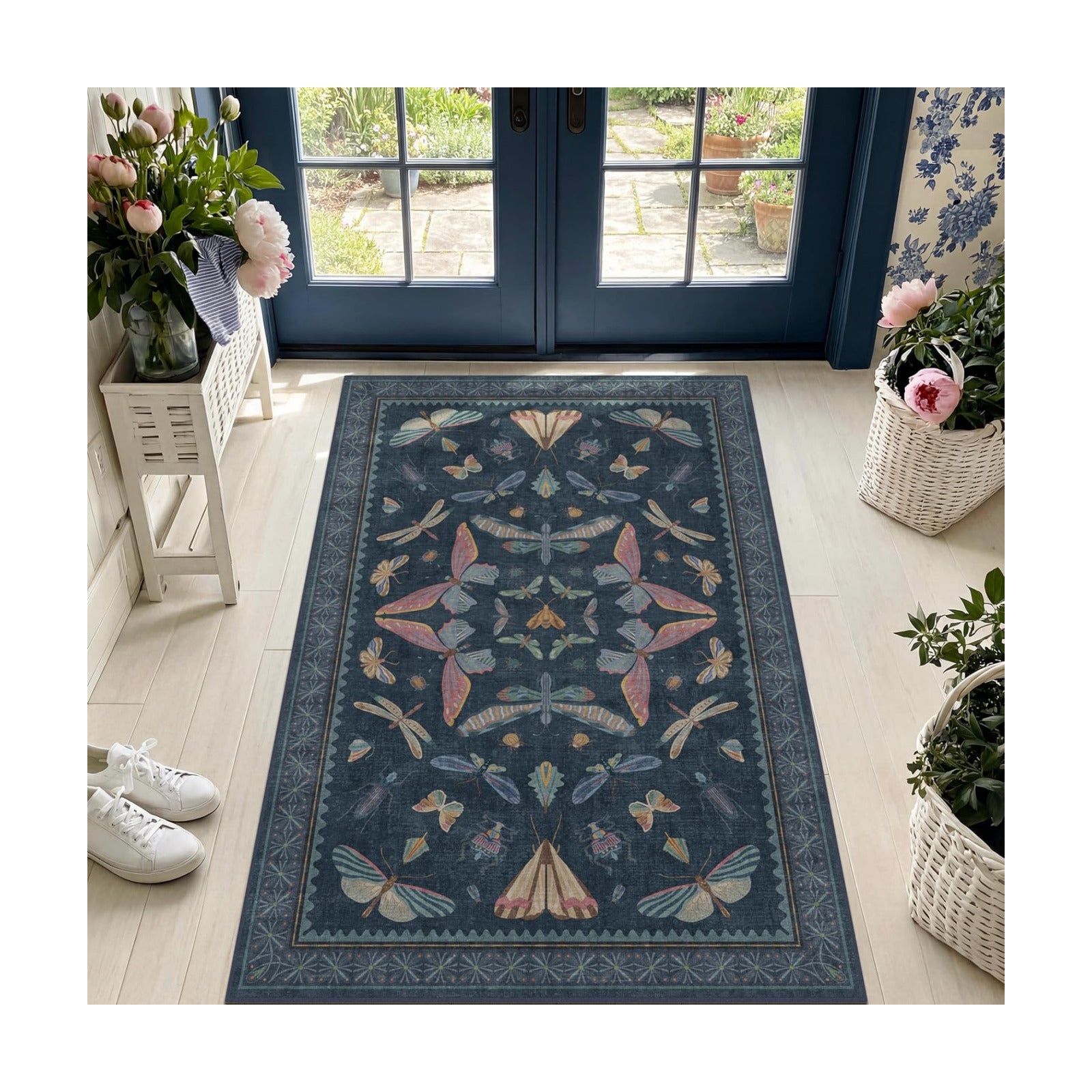 Washable 3x4 Entryway Rug, Non Slip Vintage Area Rug for Kitchen Floor, Laundry Room & Bedroom, Blue Boho Carpet with