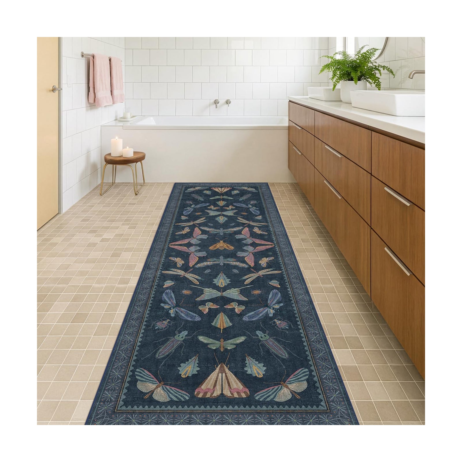 2x7 Navy Blue Bathroom Runner Rug, Washable Vintage Insect Carpet for Kitchen Floor, Hallway & Bedroom, Low Pile Soft