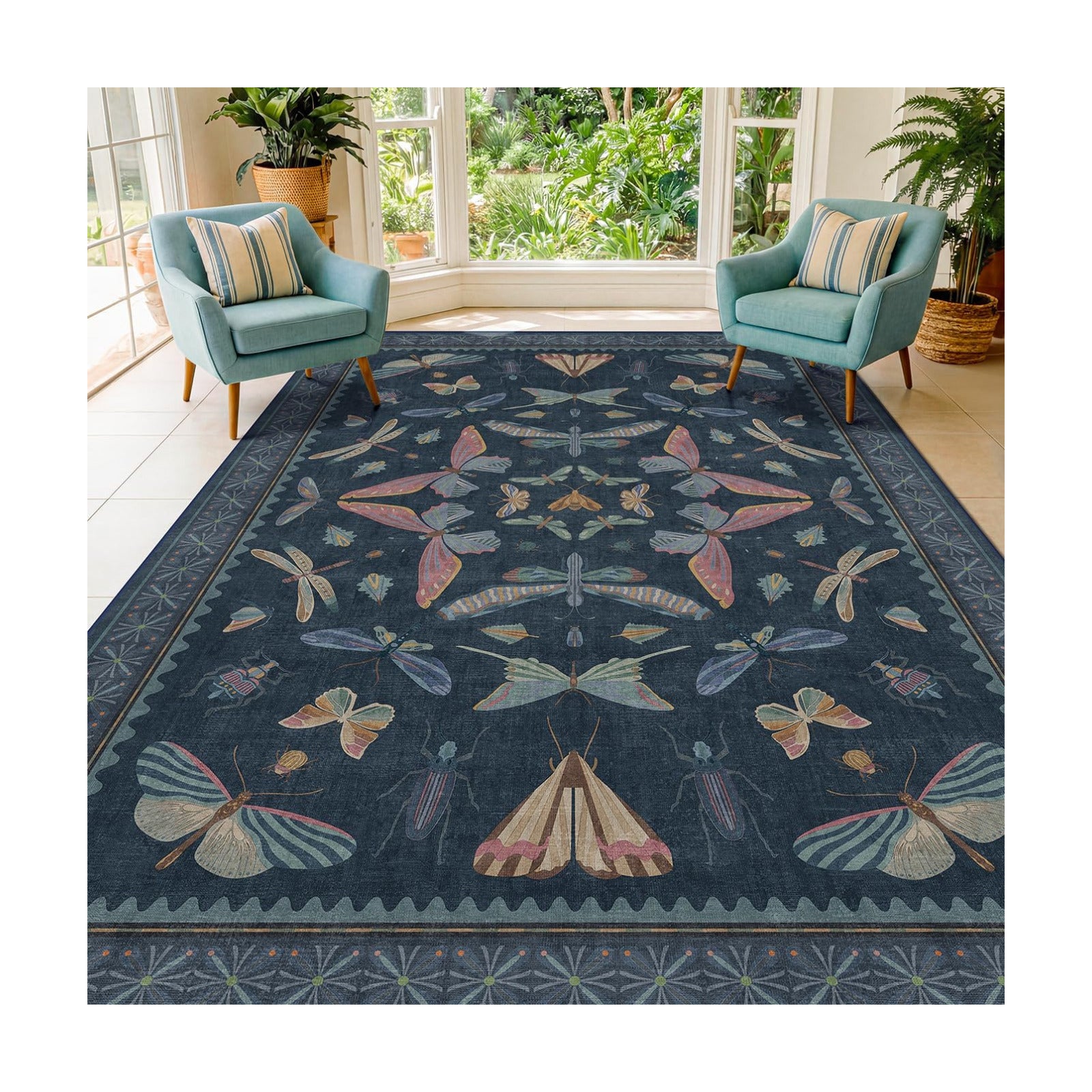 Washable 7x9 Large Area Rug for Living Room, Vintage Farmhouse Carpet for Bedroom & Dining Room Under Table, Dark Blue