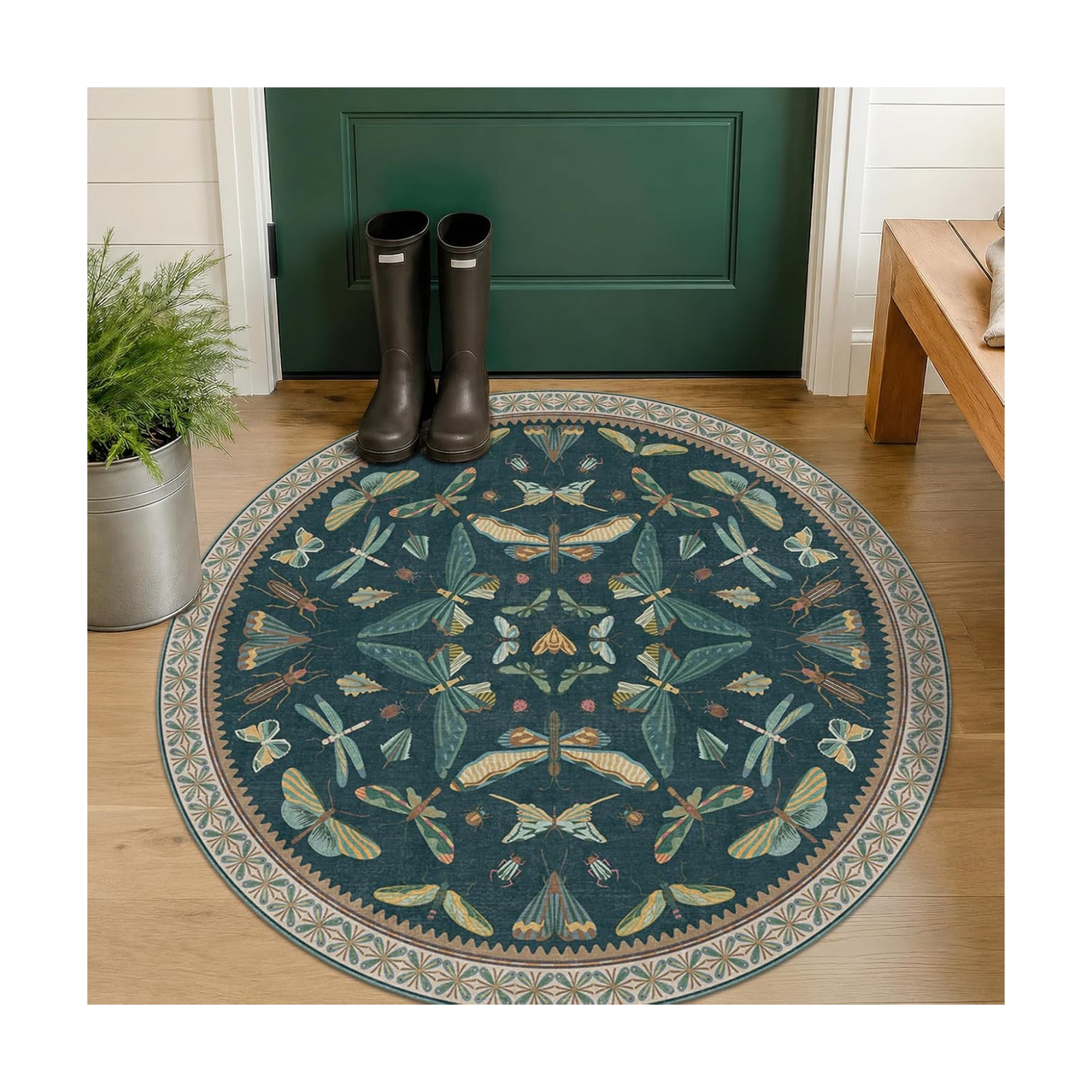 Teal Boho 4ft Round Area Rug, Washable Non Slip Insect & Floral Carpet for Entryway, Living Room & Kitchen, Soft Low