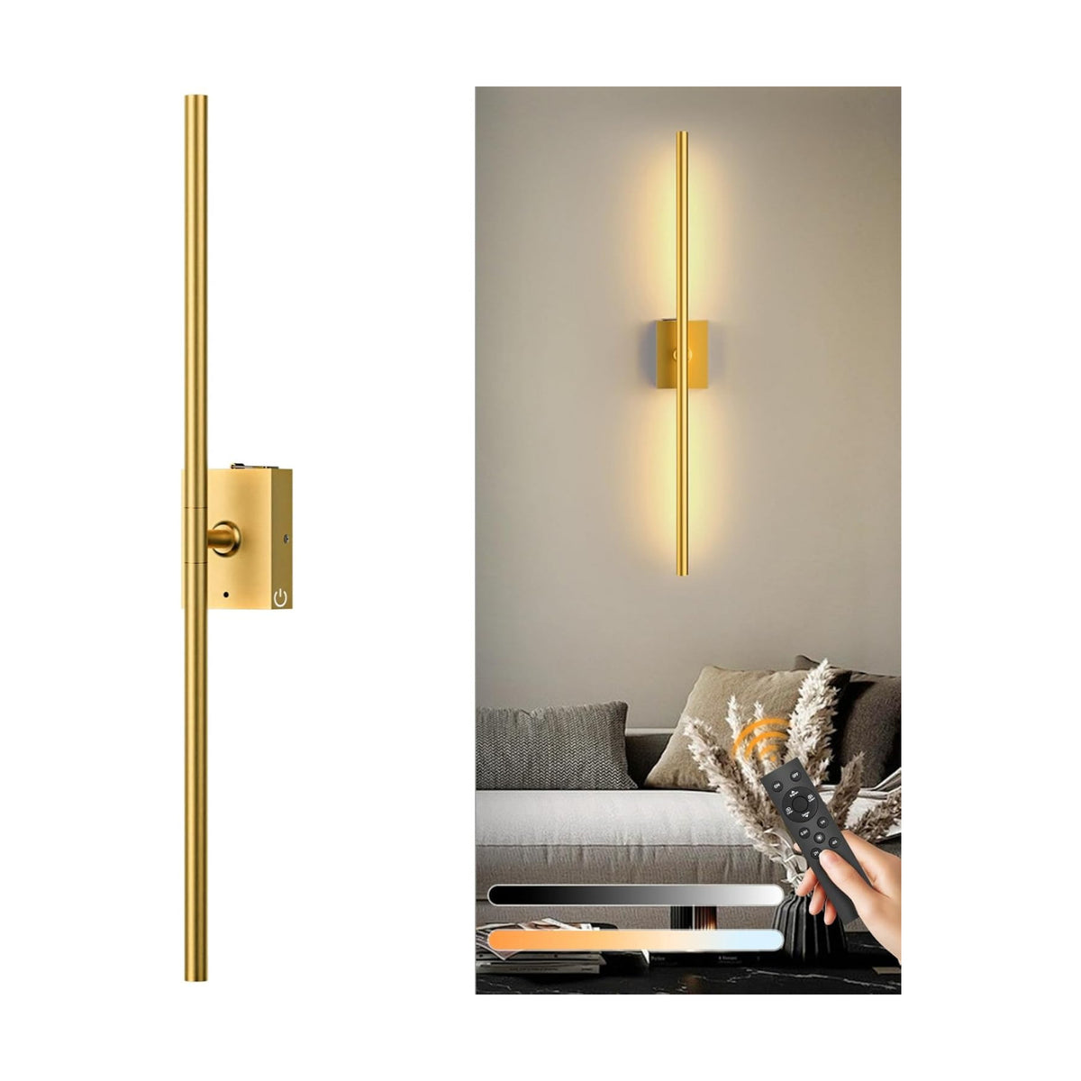Eneru Battery Operated Wall Sconce 1 Pack, Gold Wireless Wall Light 31.5in | Rechargeable 10000mAh, Touch and Remote