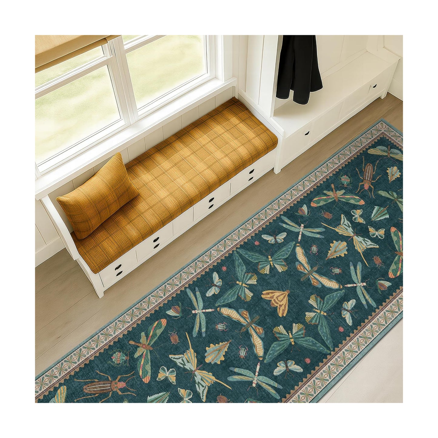 Hazo Haus Washable Runner Rug for Hallway 2'6"x12', Green Boho Carpet for Kitchen & Hall Way, Foldable Insect Print