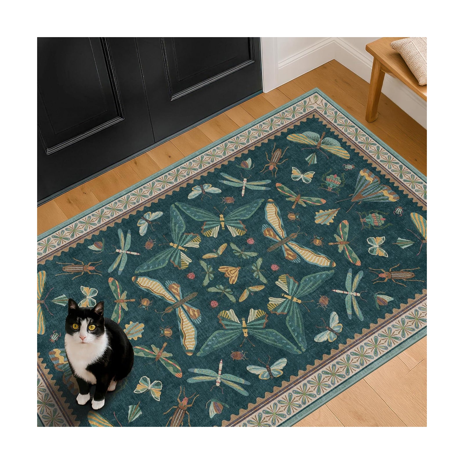 Teal 3x6 Entryway Rug, Washable Low Pile Door Rug for Kitchen & Living Room, Indoor Insect Décor Carpet