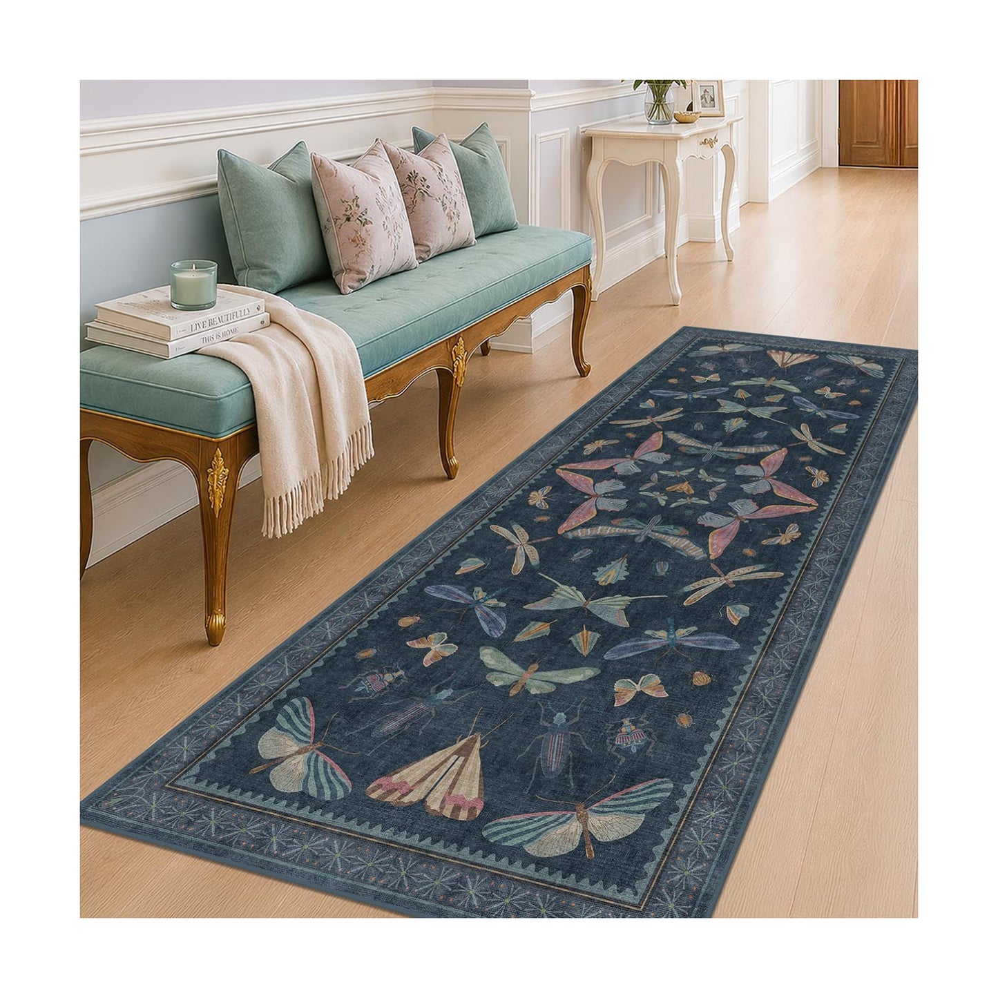 Vintage Dark Blue Insect Moth Runner Rug 3x8, Non Slip Washable Carpet for Hallway & Entryway, Kitchen, Soft Low Pile