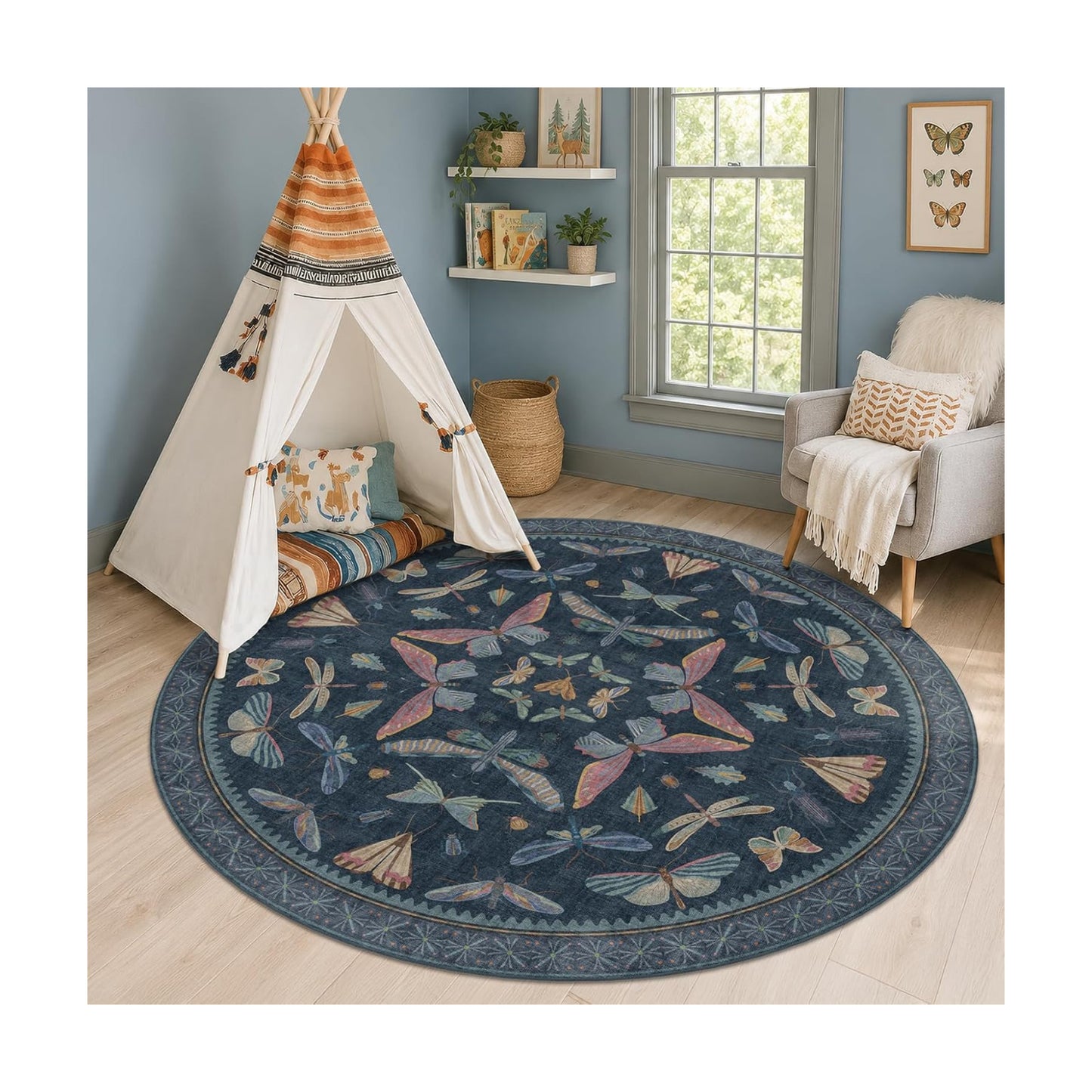 Dark Blue Vintage Playroom Round Rug 6ft, Washable Soft Area Rug for Entryway, Living Room & Kitchen, Stain Resistant