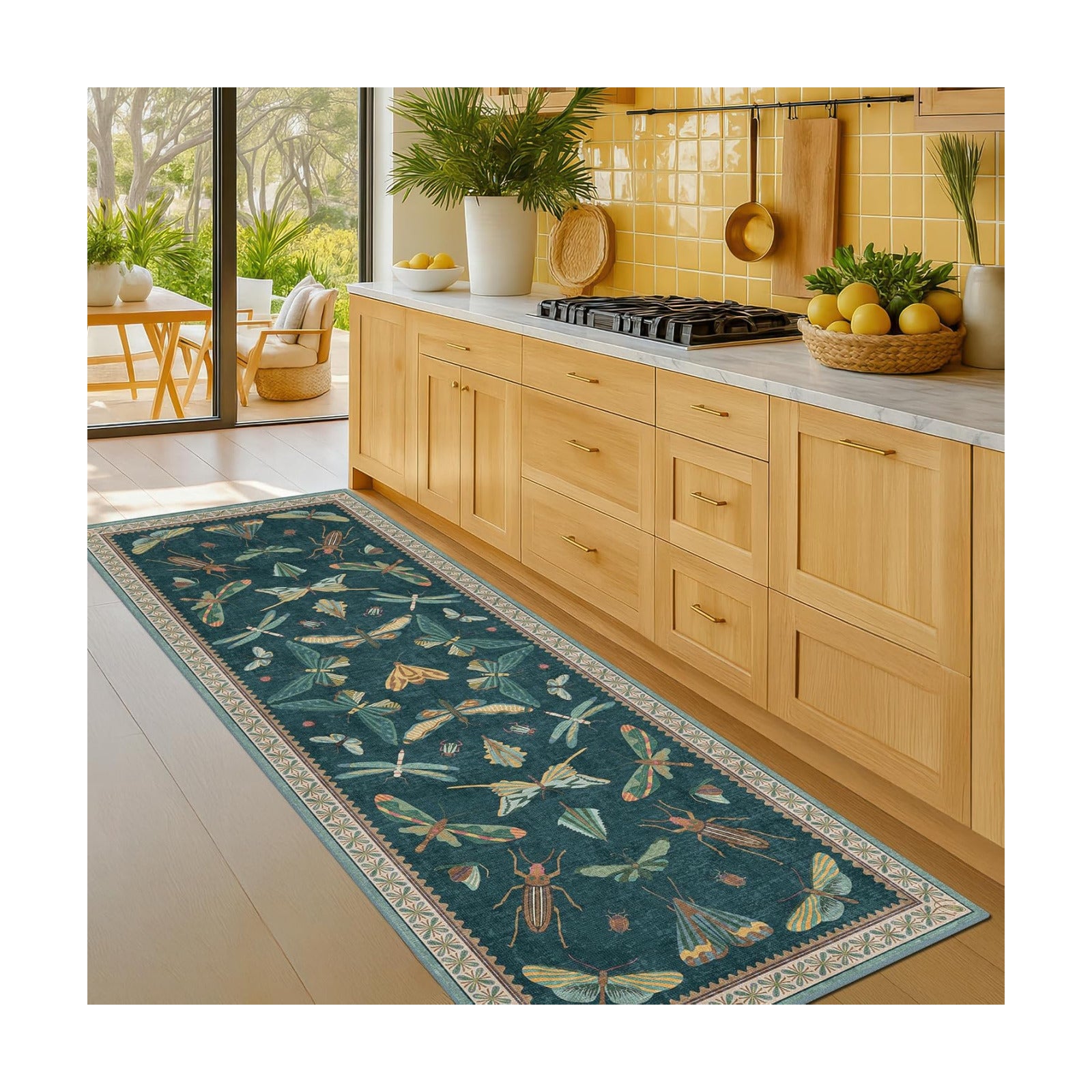Hazo Haus Washable 2x7 Kitchen Sink Runner Rug, Teal Boho Bathroom Carpet for Entrance Indoor, Brown & Green Floral