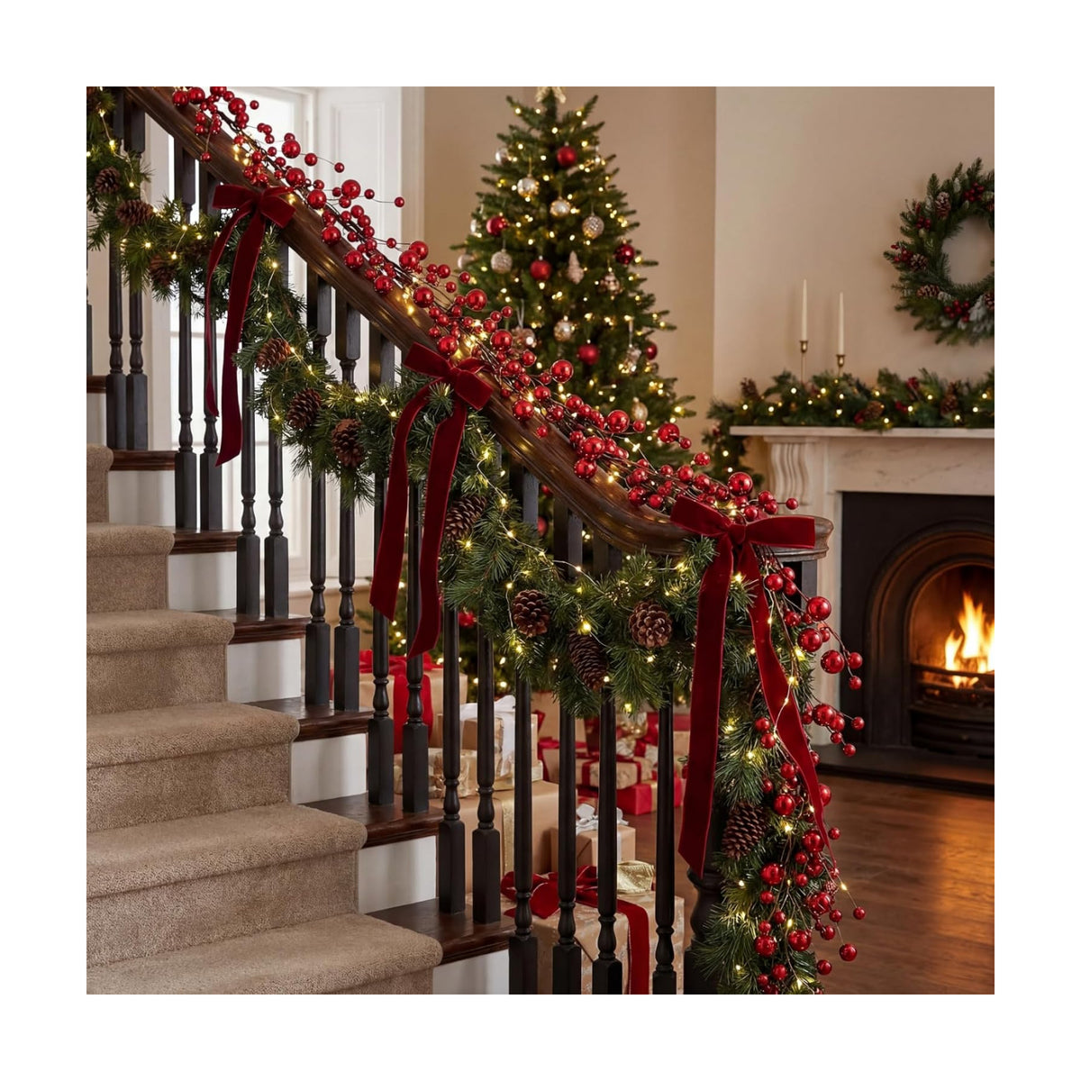 WILLBOND 18 ft Red Christmas Ball Garland Ball Ornaments Hanging Baubles Ornament for Xmas Christmas Tree Fireplace