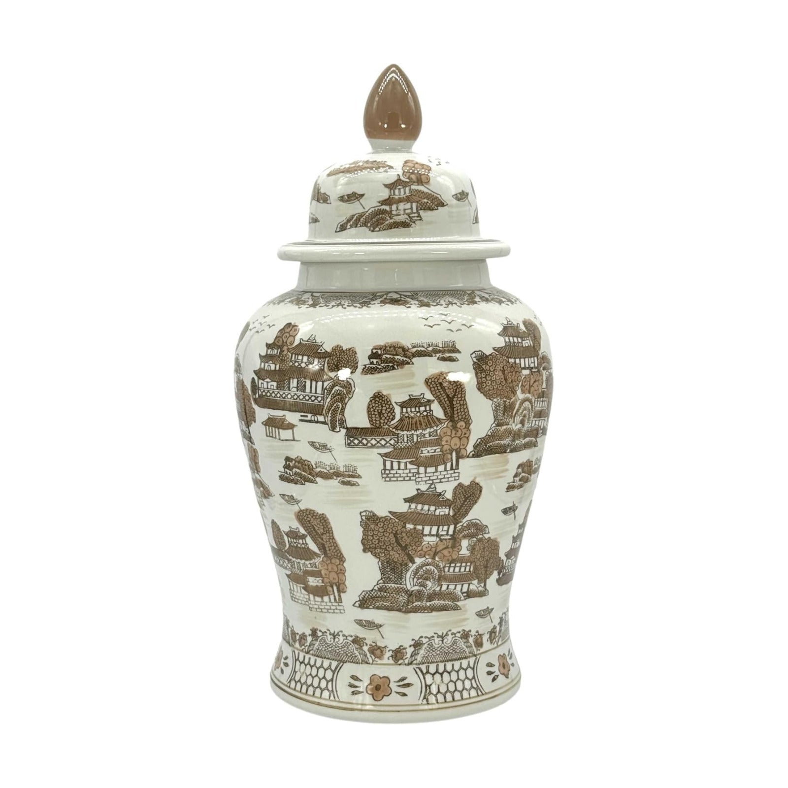 Large 25" Brown & White Landscape Chinoiserie Ceramic Temple Jar w/Lid / Brown & White Landscape