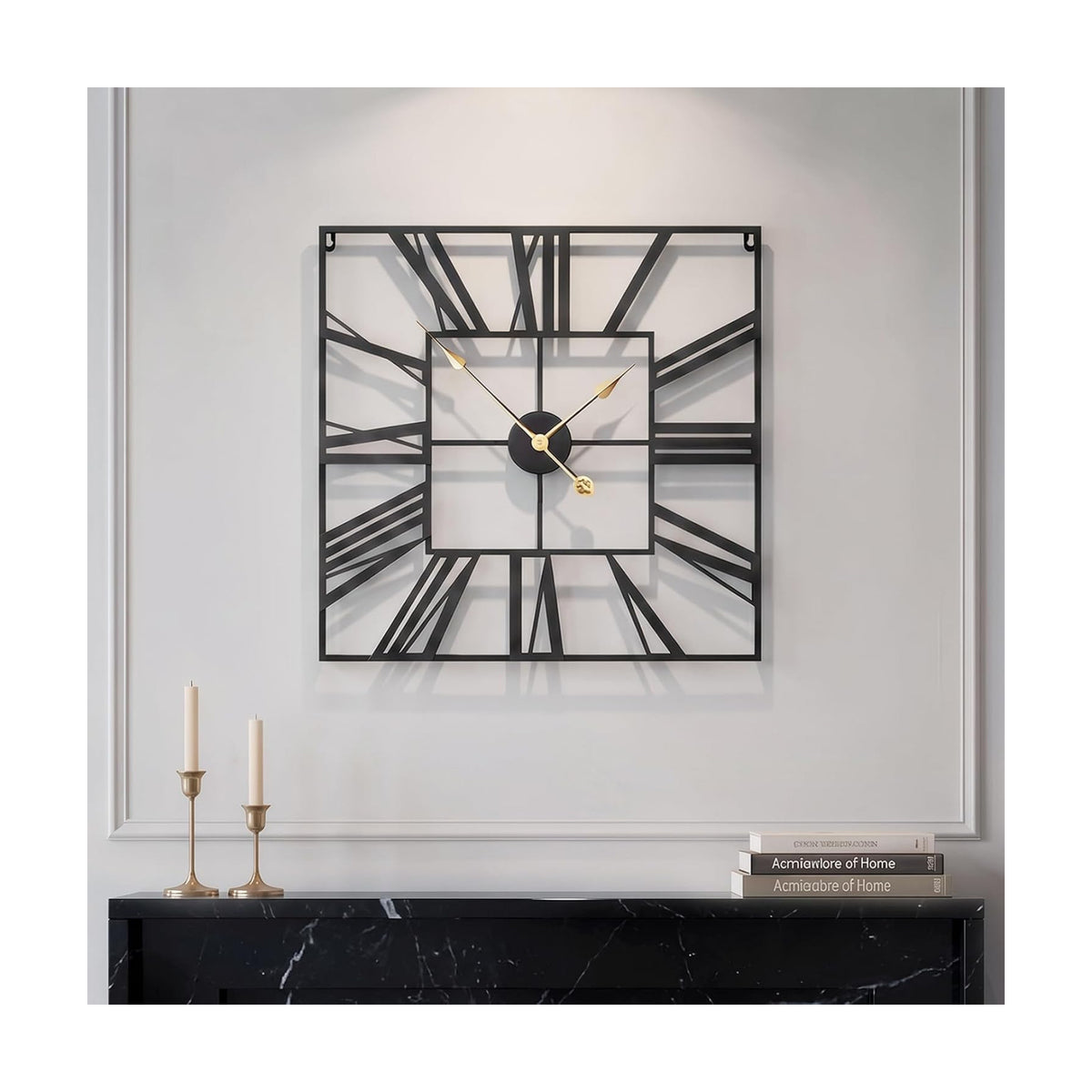 Cuspin 24 Inch Square Wall Clock, Large Black Metal Roman Numeral Clock | Battery operated, Silent non ticking, modern