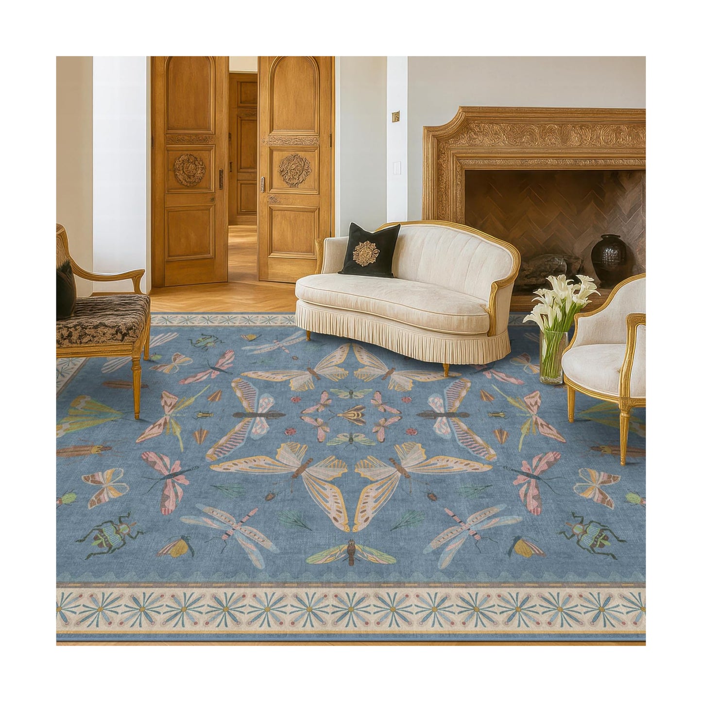 Washable 7x9 Area Rug for Living Room, Dusty Blue Modern Boho Carpet for Bedroom Under Bed, Dining Room Under Kitchen