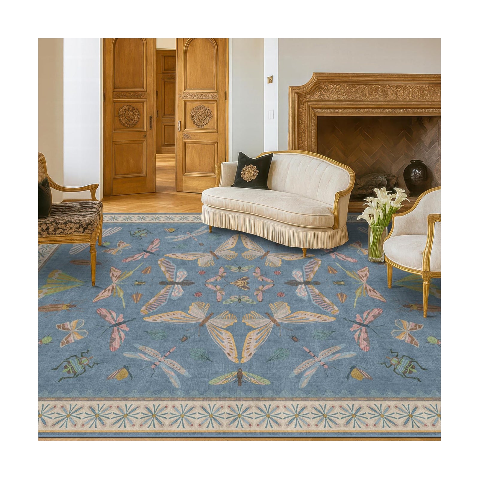 Washable 7x9 Area Rug for Living Room, Dusty Blue Modern Boho Carpet for Bedroom Under Bed, Dining Room Under Kitchen