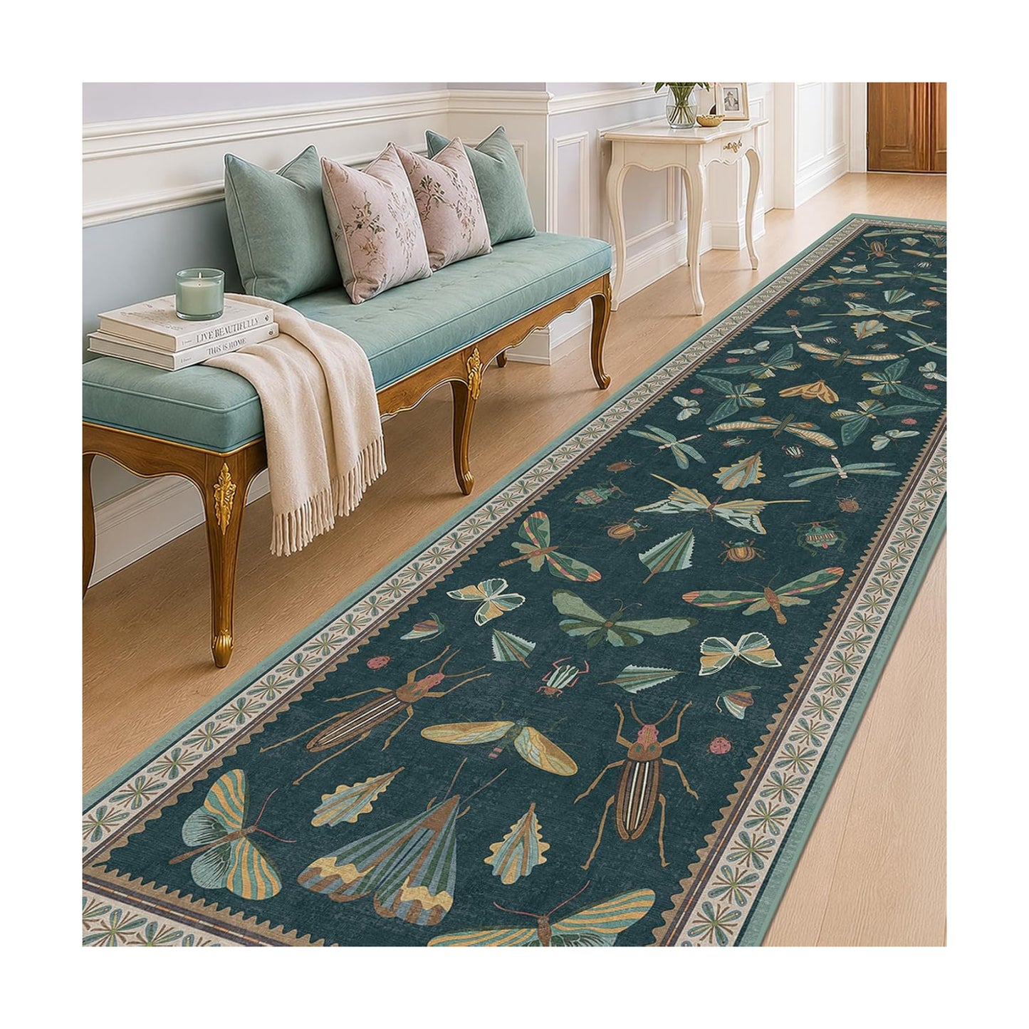 Hazo Haus Vintage Green Runner Rug for Hallway 3x12, Washable Foldable Boho Carpet for Kitchen with Insect Print Design