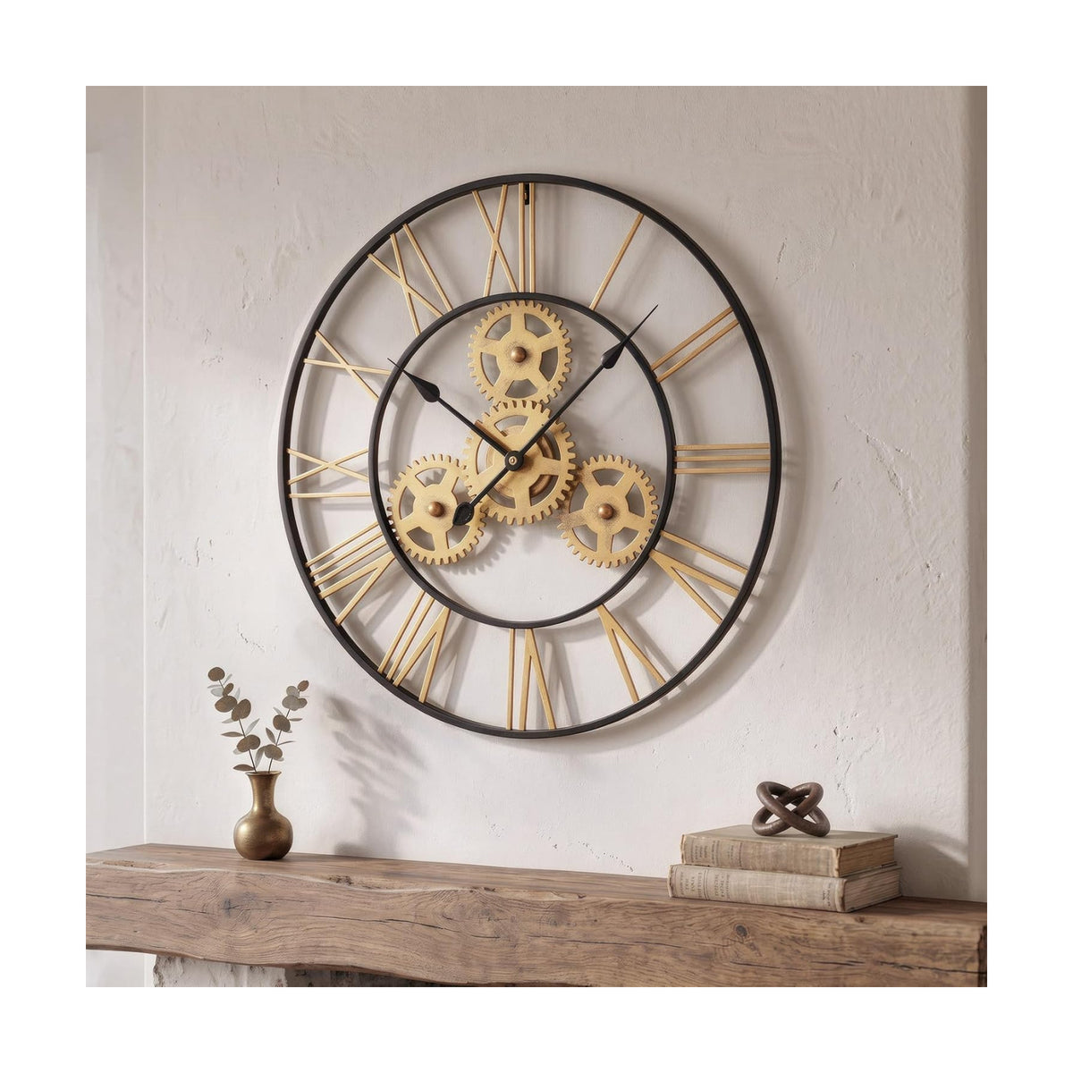 Cuspin 24 Inch Wall Clock Black Gold Industrial Metal Gear Decorative Clock | Silent non ticking, battery operated