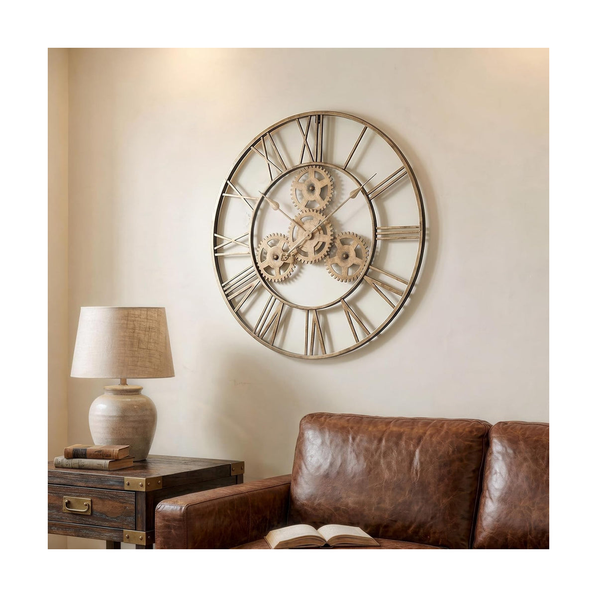 Cuspin 24 Inch Gold Wall Clock with Gears, Modern Industrial Metal Clock | Roman Numeral, silent non ticking, battery