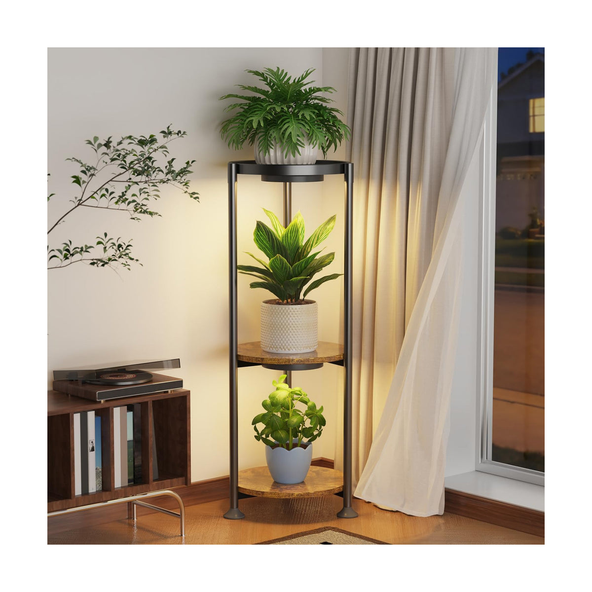 iDavosic.ly 3 Tier Corner Metal Plant Stand Indoor with Grow Light, Black | Vertical Outdoor Flower Display Holder for