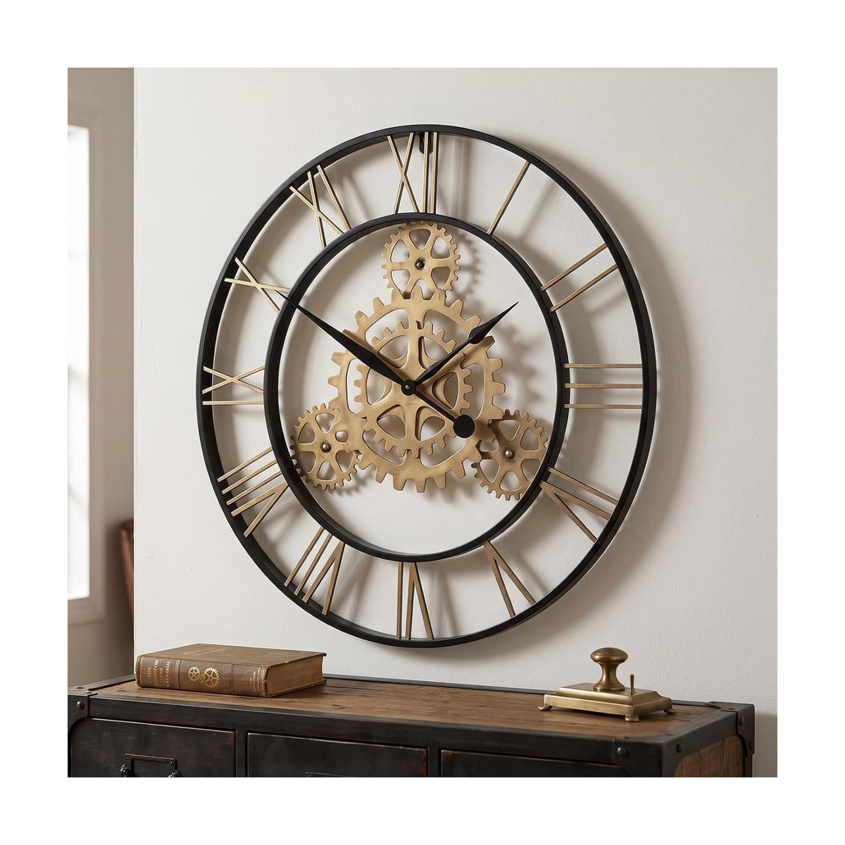 Cuspin 30 Inch Large Wall Clock Black Gold Roman Numeral Gears Wall Clock | Decorative gears, silent non ticking